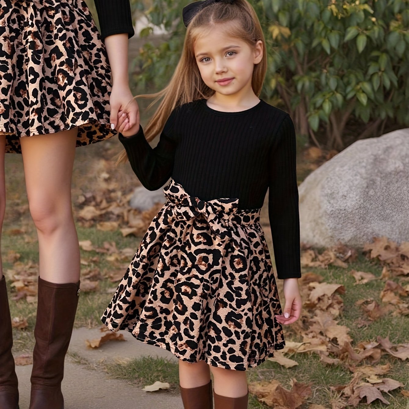 Girl' Style Leopard Print Long Sleeve Dress With Elastic Waistband, Machine Washable Midi-length Outfit, Girls' Spring/autumn Casual Wear, Formal Attire, Comfortable Stretchy Dress