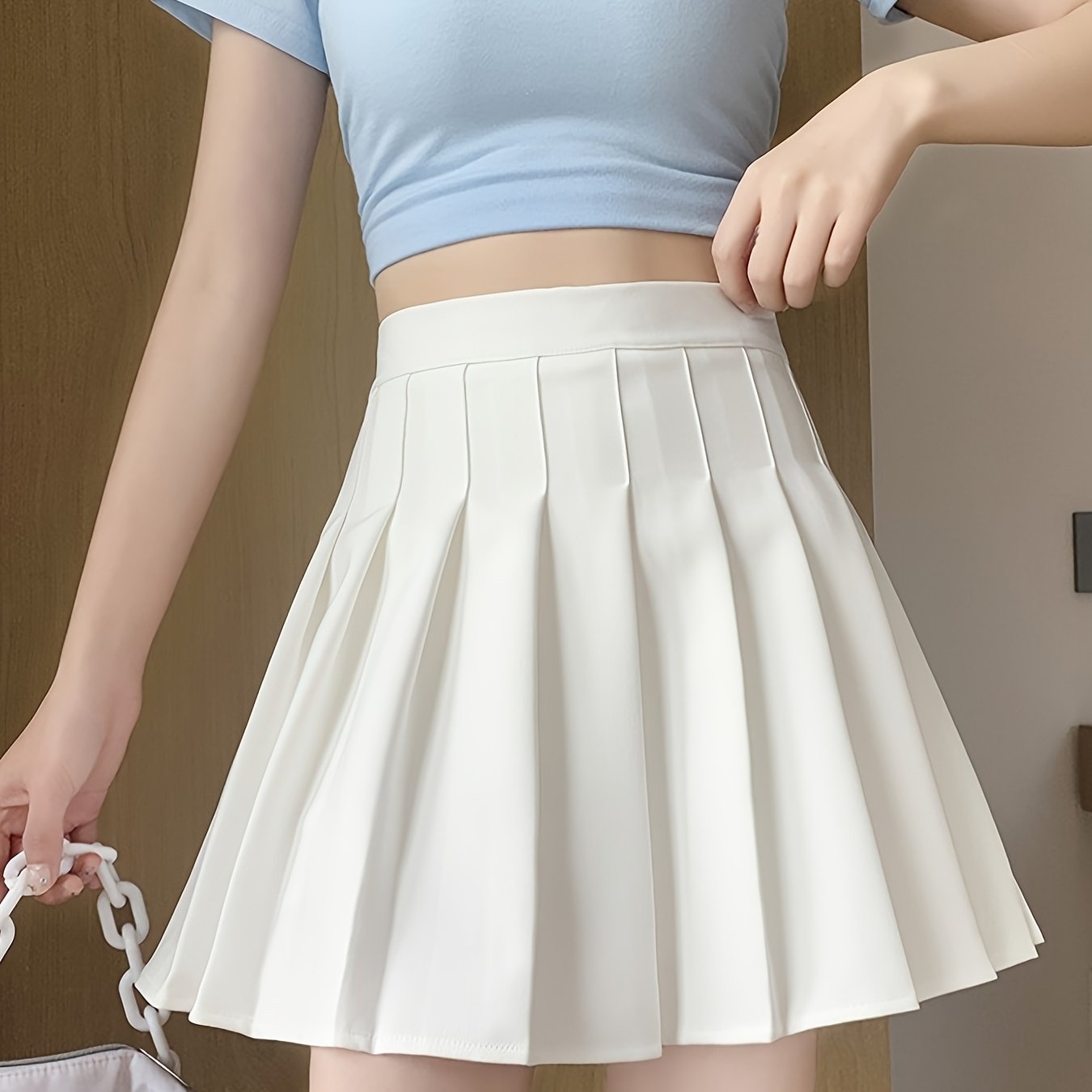 TEMU レディース ハイウエスト Aライン ショートスカートパンツ - プリーツ ヒップカート /通勤/デート向け 無地 ノンスカート 春夏用 手洗い可 ブラウスフィット 体型にフィット
