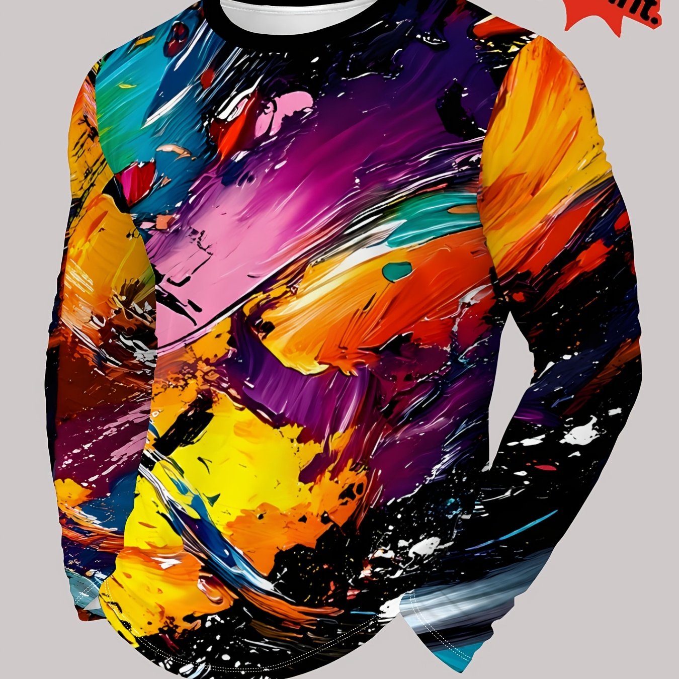 TEMU [print Design â Not Textured//sequins] Men's Vibrant Oil Painting Long Sleeve T-shirt, Abstract Ink Splash Contrast Round Neck Top, Casual Loos