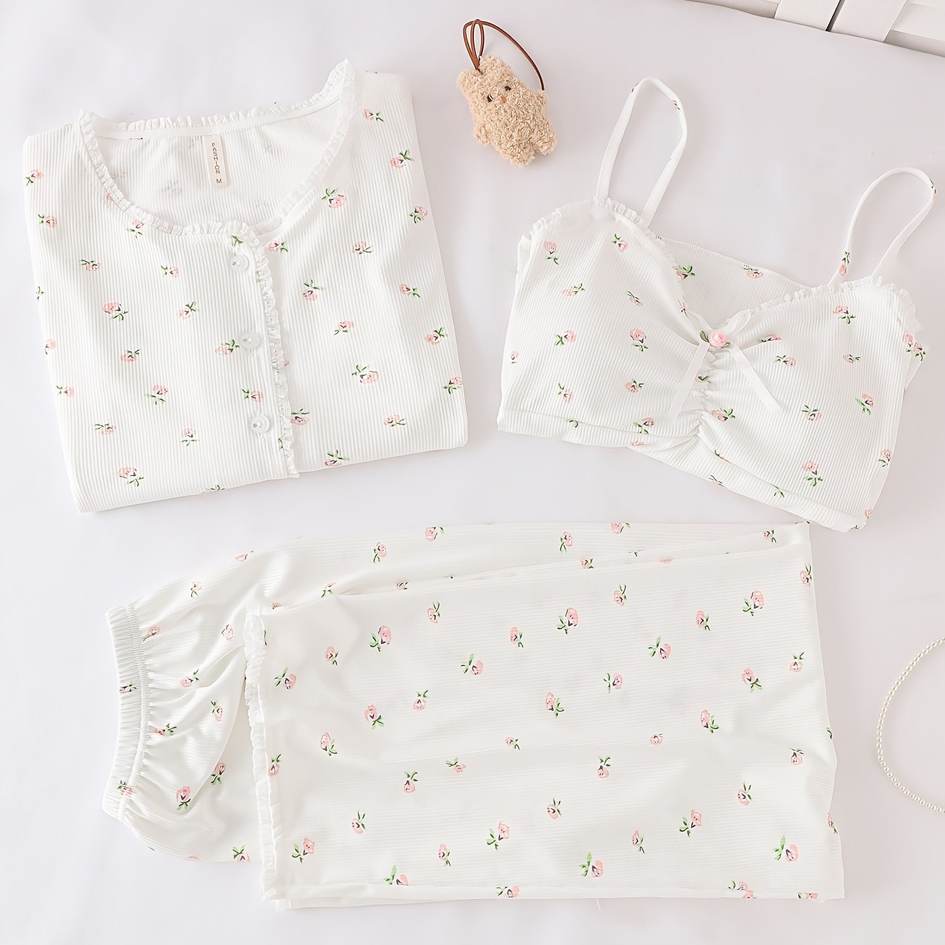 Image of Women Floral Print 3pcs Pajama Set With Built-in Bra Cami Tank Neck Lace Trim Cardigan Lace Trim Long Pants Soft Casual Loungewear Sleepwear For Daily