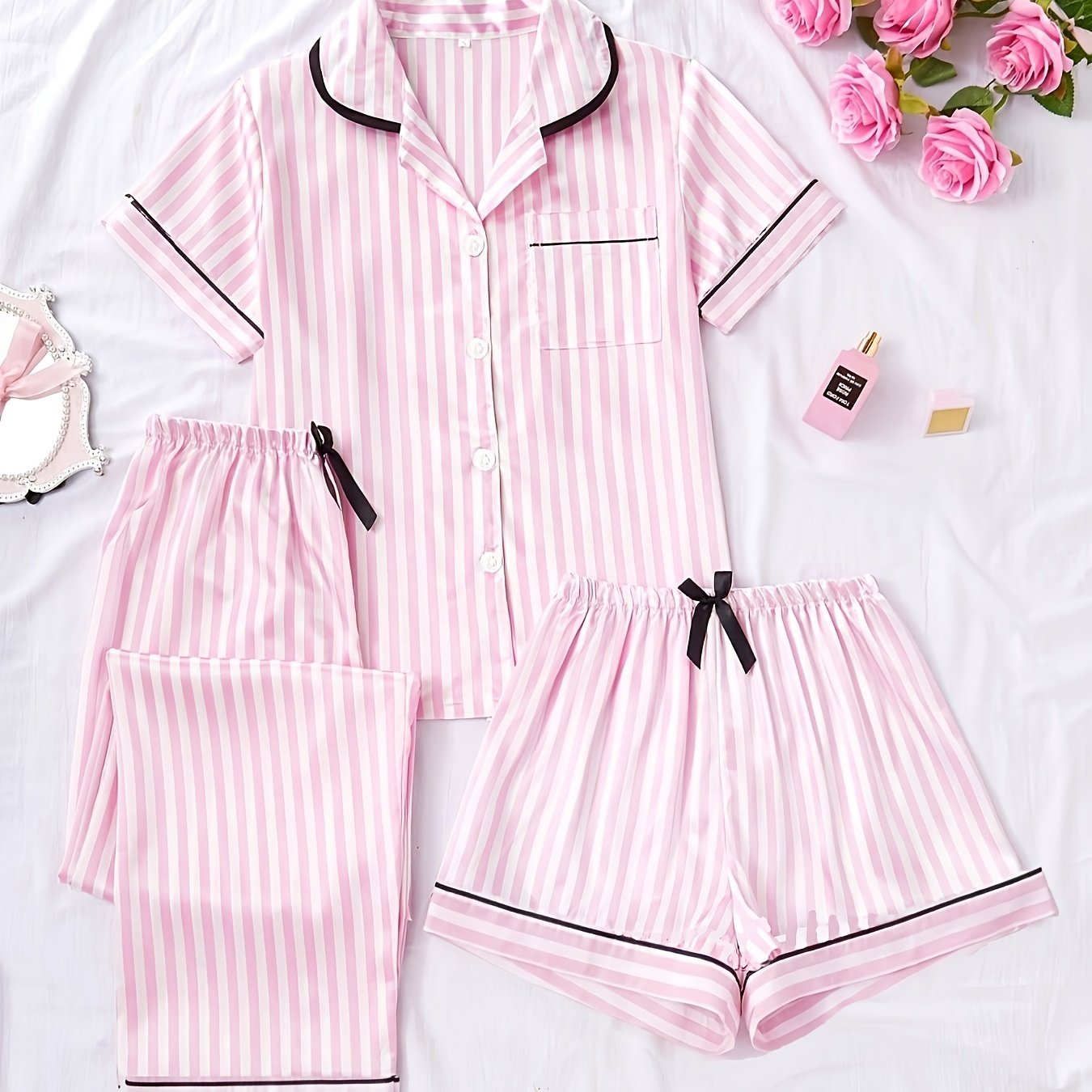 TEMU 3pcs Set: Short Sleeve Top With Bow, Shorts, And Long Pants, Striped Print, Lapel Collar, Pocketed Loungewear Set For Women, Spring/summer