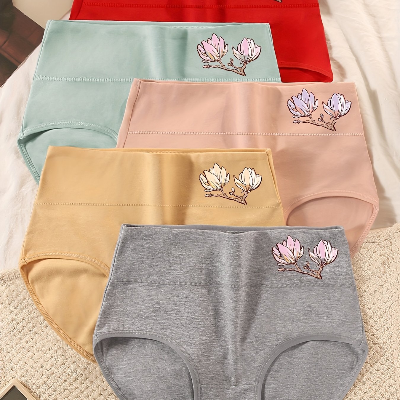 Image of 5pcs Women's High-waisted Briefs With Floral Embroidery - Soft Breathable Underwear In Light Blue, Peach, Beige, Gray, And Red, High Waisted Underwear, Comfortable Underwear, , Smooth Texture