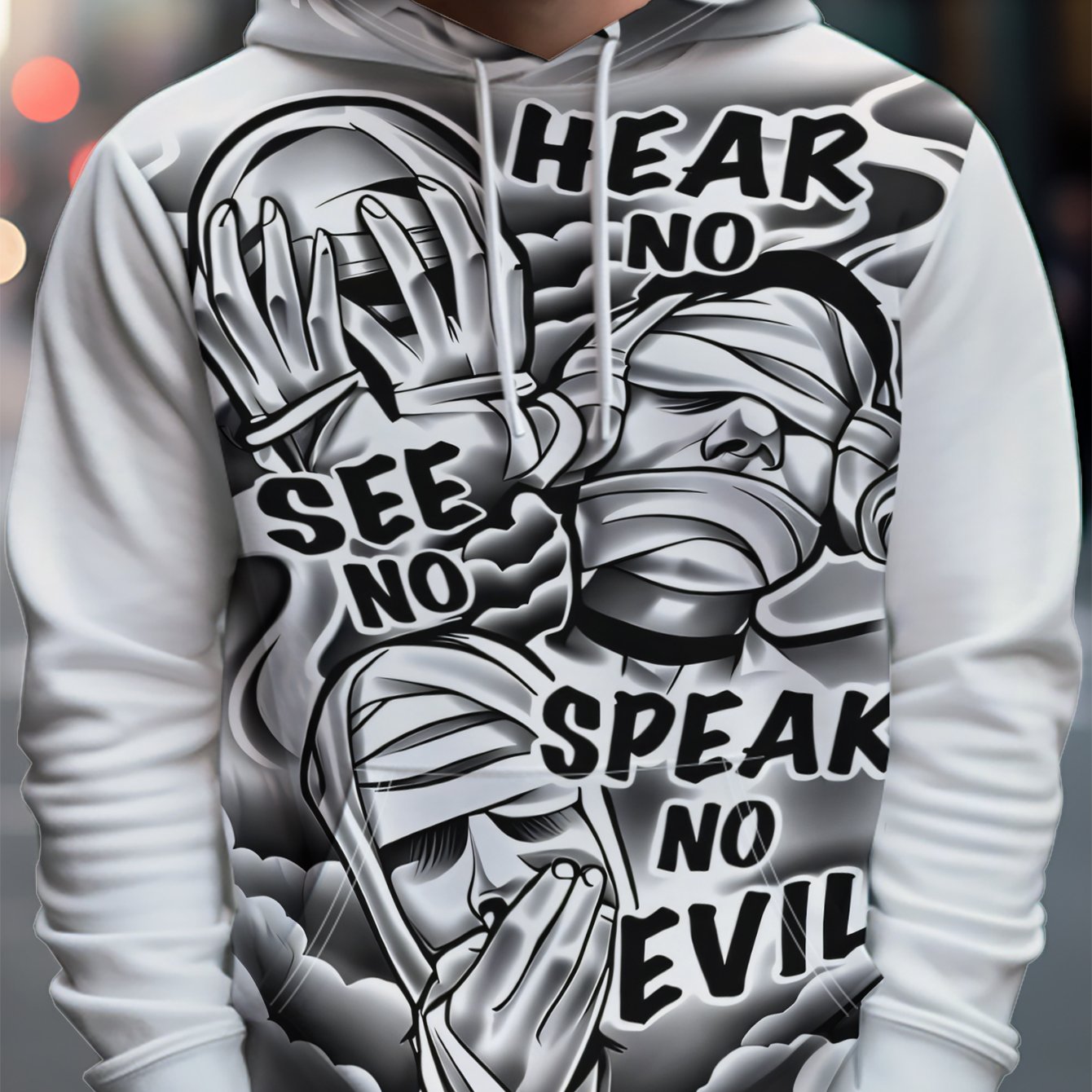 TEMU Hooded Sweatshirt With "see No Evil, No Evil, Speak No Evil" Print And Corresponding Street Style