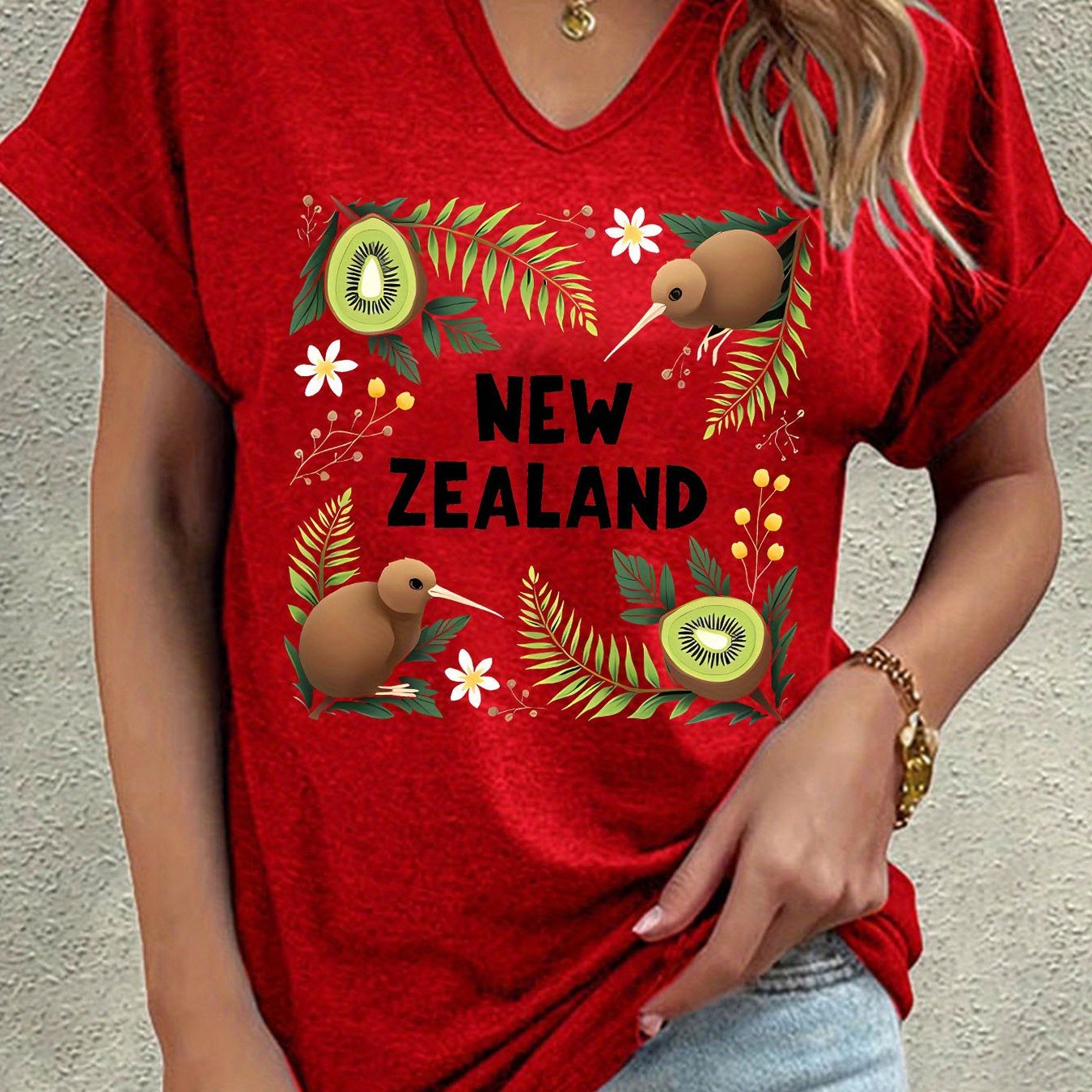TEMU Encountering New Zealand: By , Featuring A Short-sleeve V-neck T-shirt With Letter Prints, Summer Casual Wear, Stylish Women's Clothing