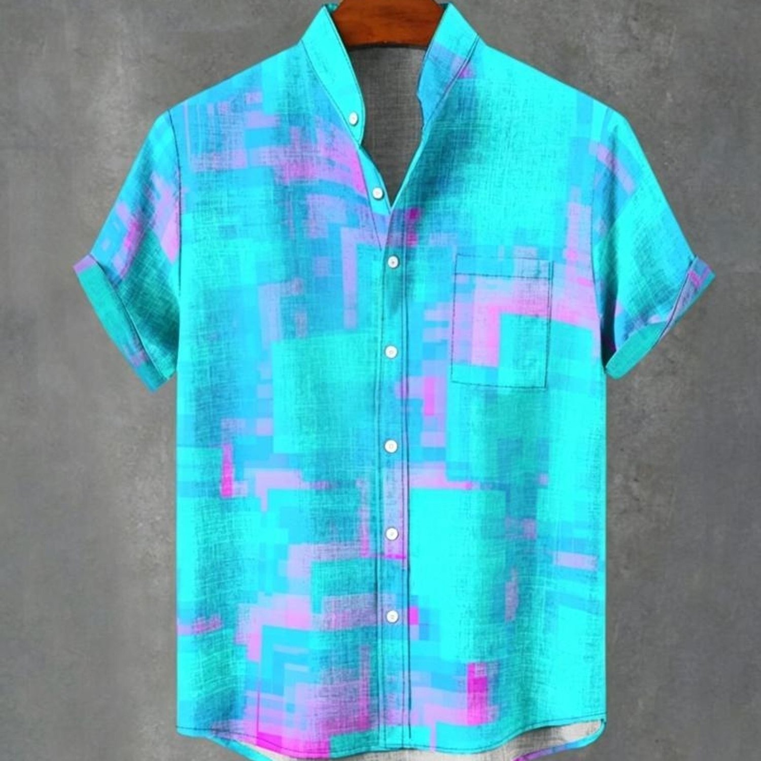 Men's Digital Printed Collared Pocket Short-sleeved Shirt, Turquoise With Pink & Blue Geometric Pattern, Polyester Fabric, Casual & Comfortable For Daily Wear, Multiple Specifications , Hanging On