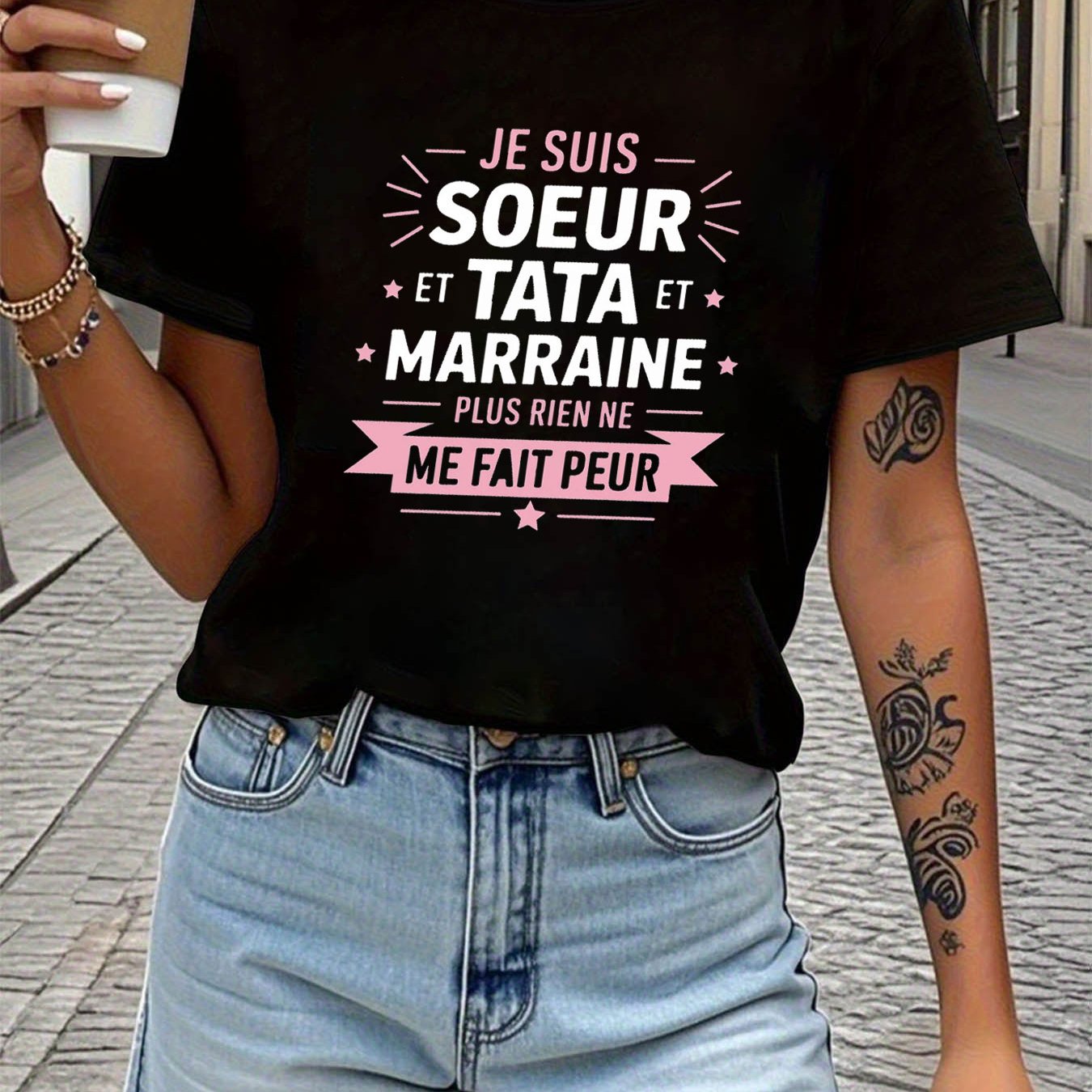 TEMU T-shirt grande taille pour femme avec « French I Am Sister Aunt Godmother Nothing Scares Me », manches courtes, col ras du cou, haut décontracté
