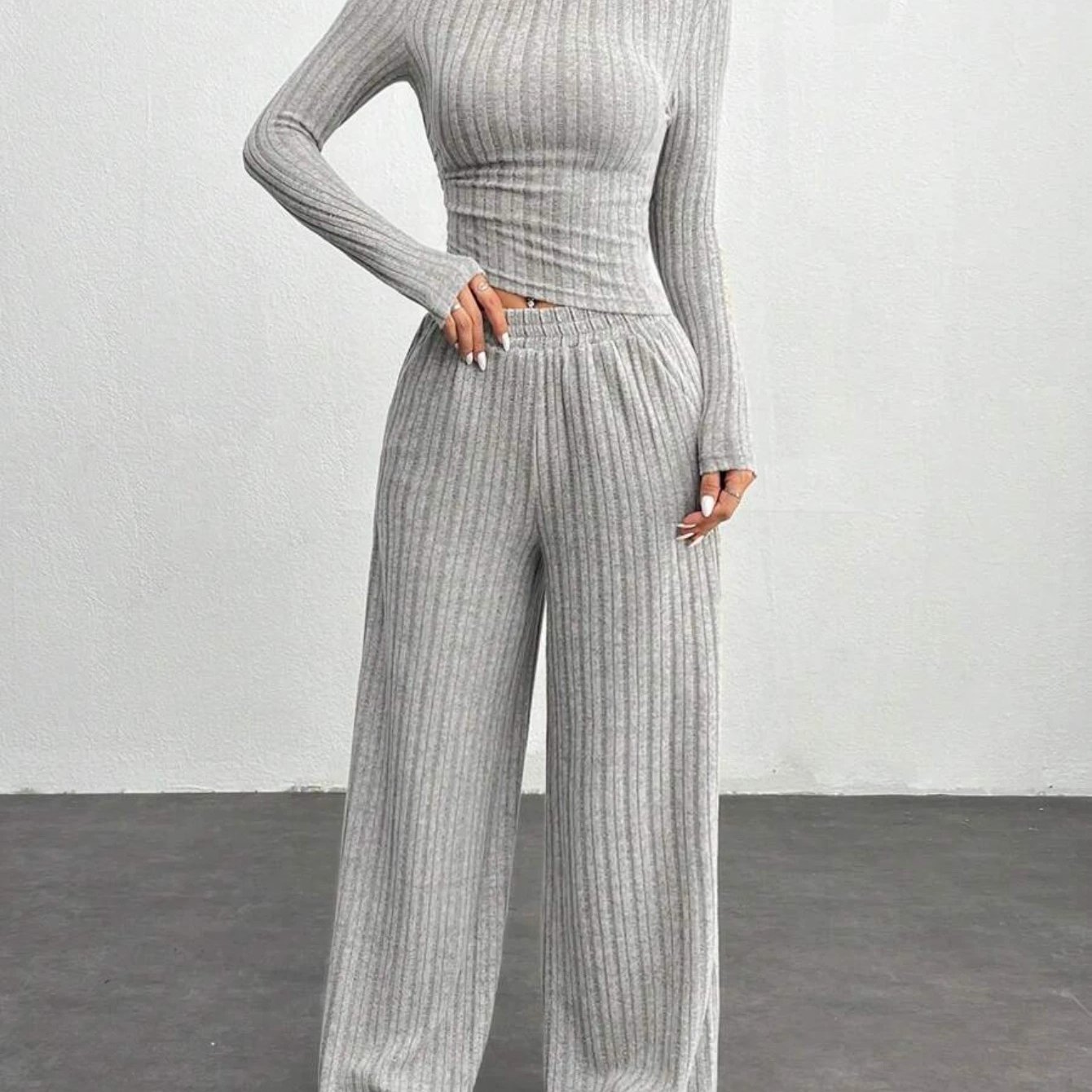TEMU Autumn-winter Women's Wide Slim-fit Asymmetrical Slant Neckline Top   Wide-leg Pants, Casual Wear, Dark Gray Two-piece Set