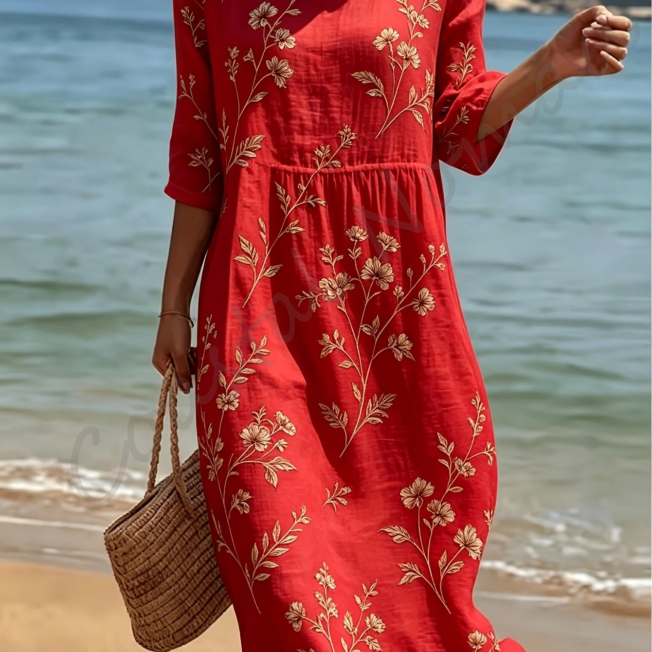 Women's Brown Floral Dress, Minimalist Flower Stem Pattern 3/4 Sleeve Crew Neck Loose Midi Dress, Delicate Casual Sundress