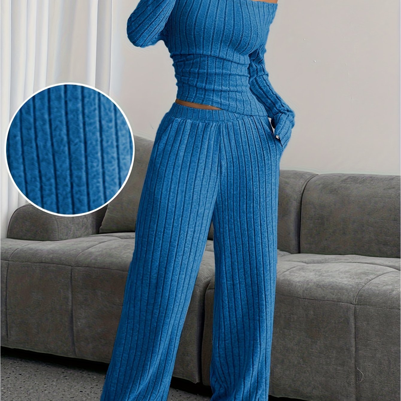 TEMU Ensemble Pyjama Hiver 2 pièces à Épaules Dénudées/Col Bateau avec Haut Asymétrique & Pantalon à Poches - Pyjamas Confortables, Tenue de Nuit