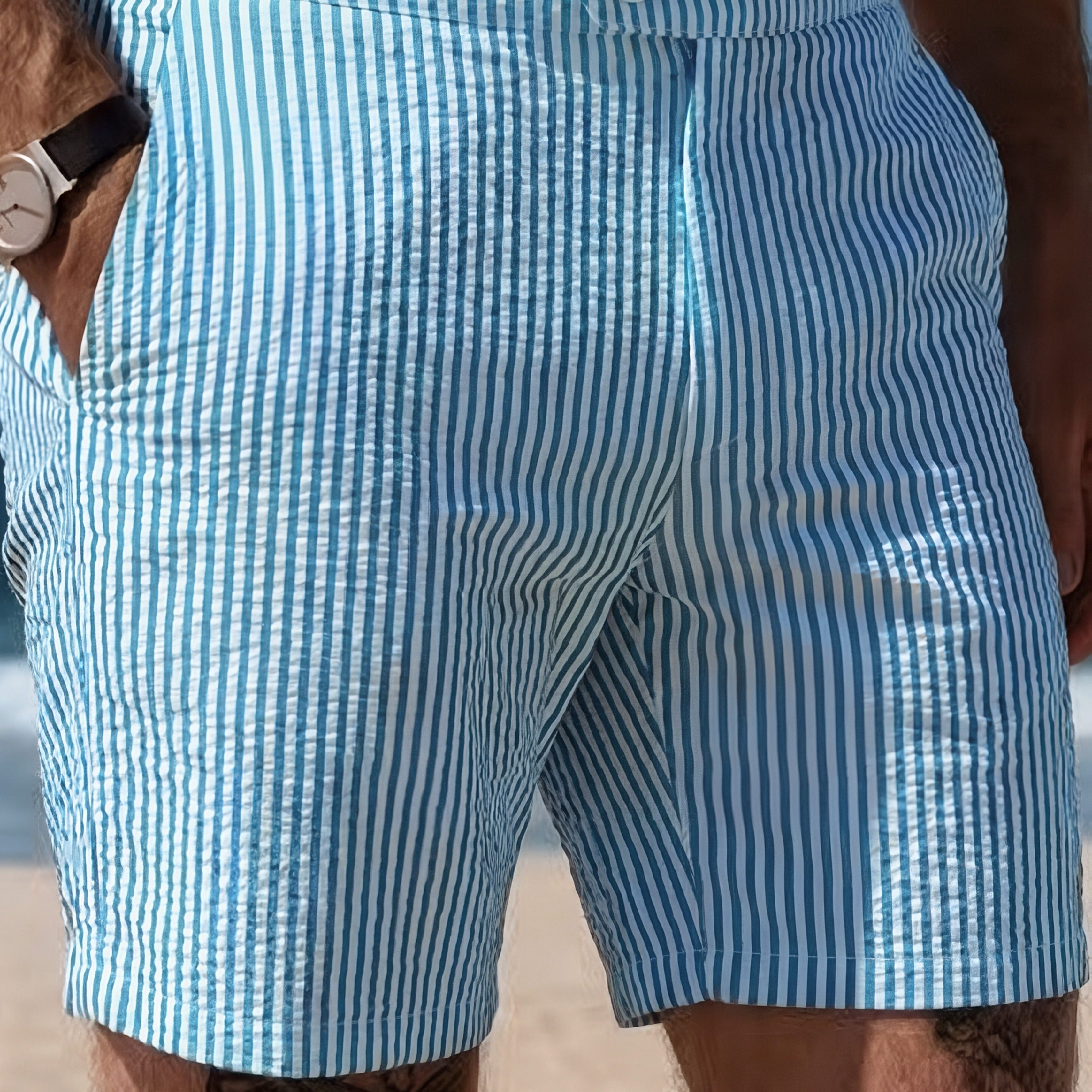 TEMU Men's Striped Casual Shorts, Button-detail Waistband, Fabric, Multi-, Breathable And Comfortable, Suitable For Daily Casual Wear, Beach