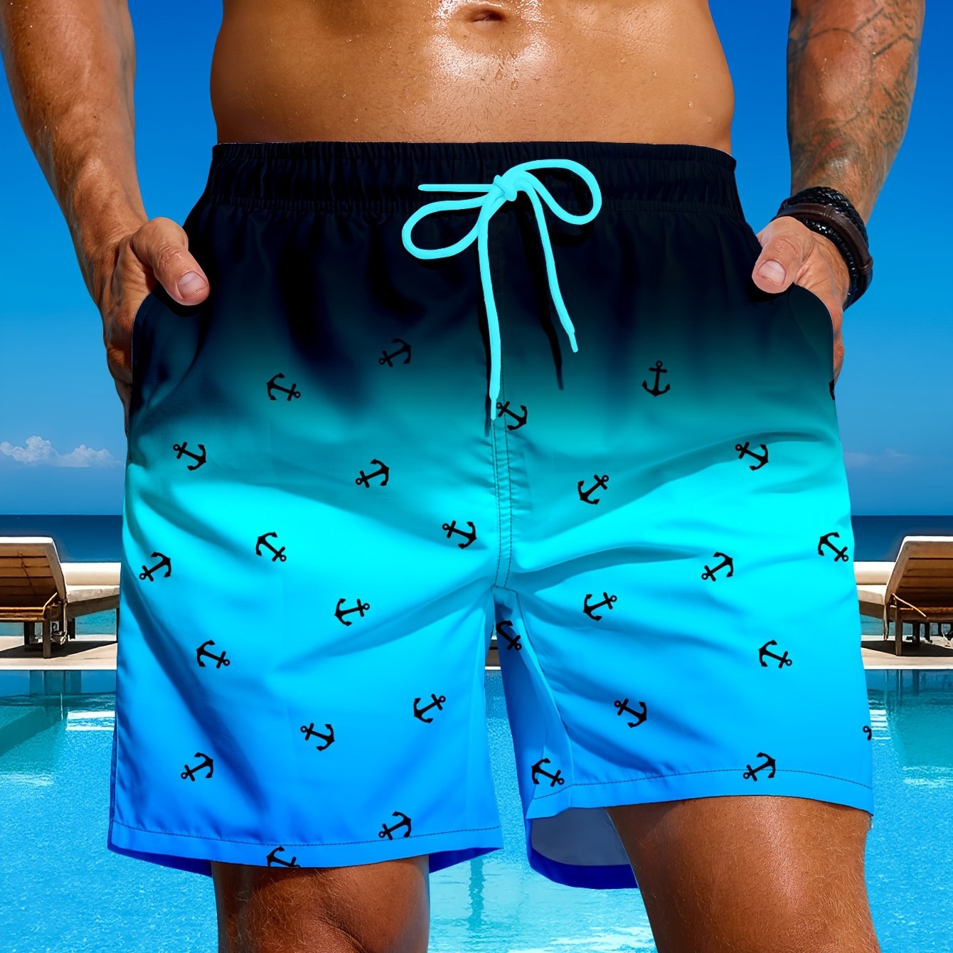 Image of Men's Fashion Anchor Print Gradient Swim Trunks With Mesh Lining Beach Shorts, Suitable For Seaside Vacation