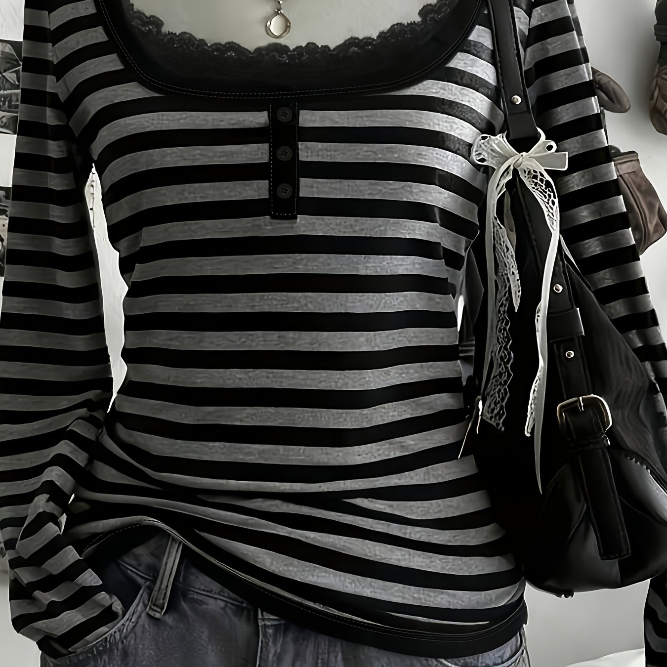 TEMU Vintage Black And Gray Striped Square Neck Long Sleeve Base Layer Top For Women, Lace Trim Low Neck Three-button Slim , Soft And Skin-friendly