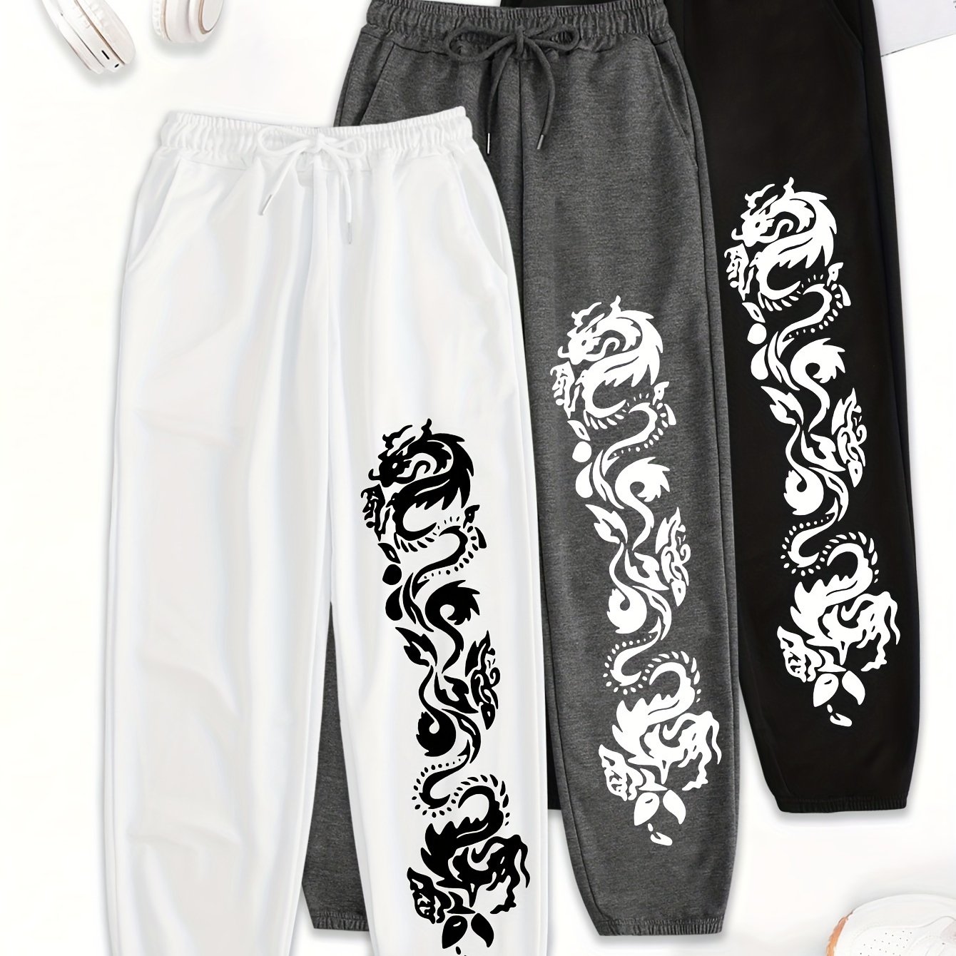 TEMU Set Of 3 Letter Print Trousers, Comfortable Elastic Waist Casual Pants For Women