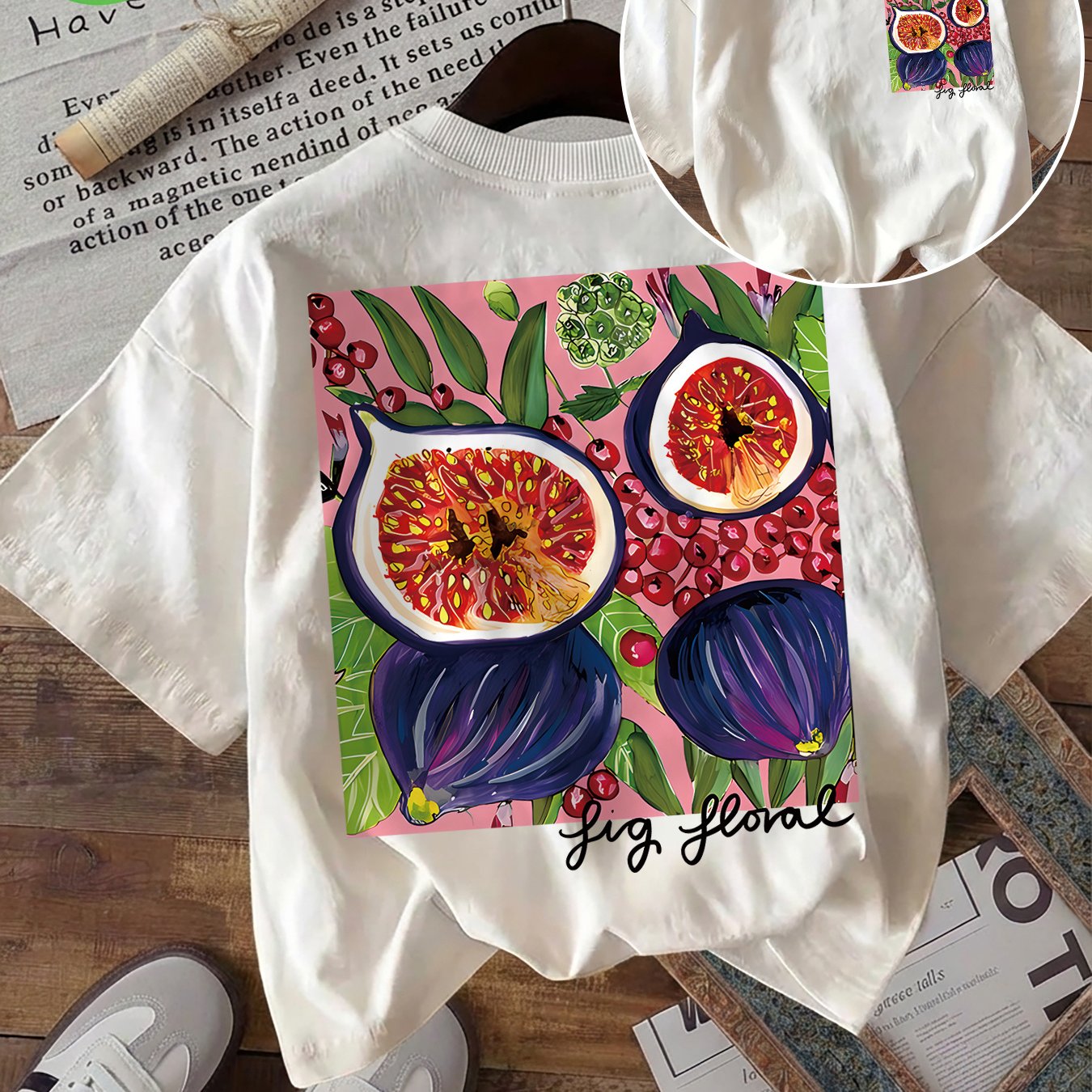 Image of Women And Men's Summer Clothing, Double-sided Print, Vintage Style, Fig And Pomegranate Botanical Print, Round Neck, Pure Short-sleeve T-shirt