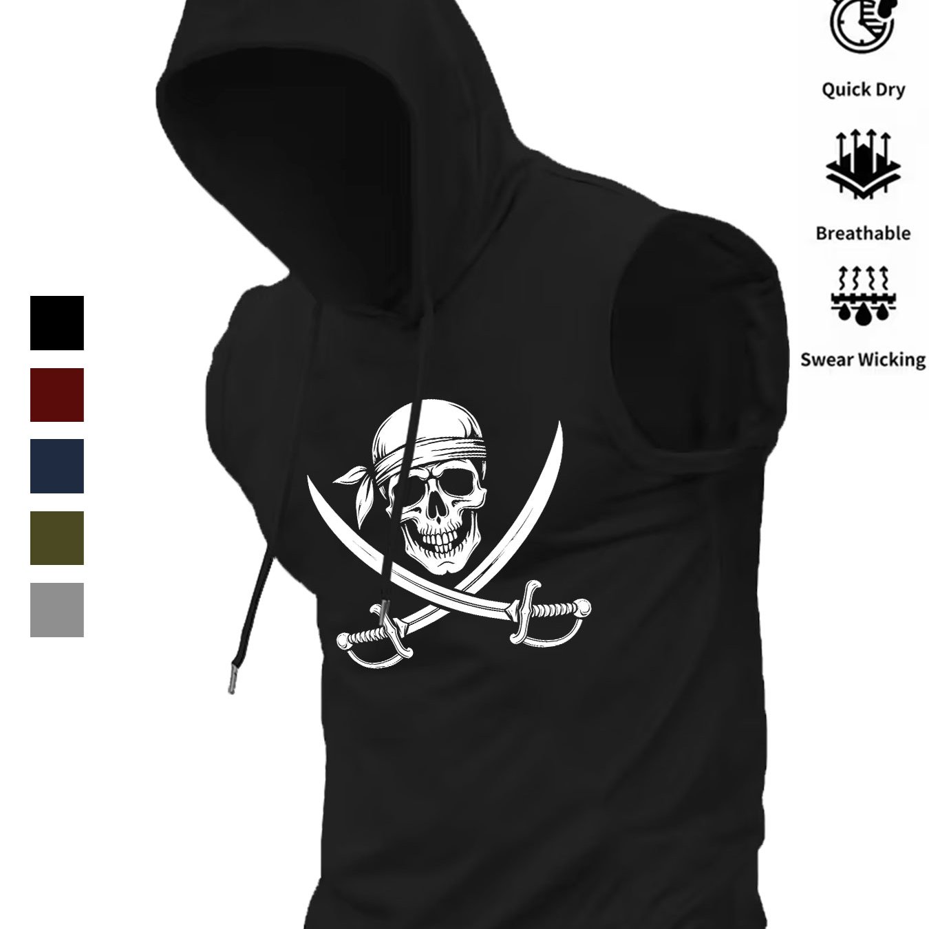 TEMU Pirate Skull And Pattern, Large Front Print, Men's Fashion Sports Hooded Vest, Style, Daily Streetwear, Vintage Pirate Enthusiast Gift, 's Day