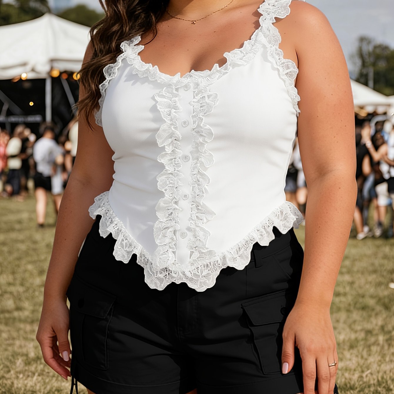 Image of Plus Size, Plus Size Women' Color Fashionable Elegant Cami Top | Lace | Cinched Waist Style | Soft Stretchy Comfortable Fabric | Trendy Summer Music Festival Essential
