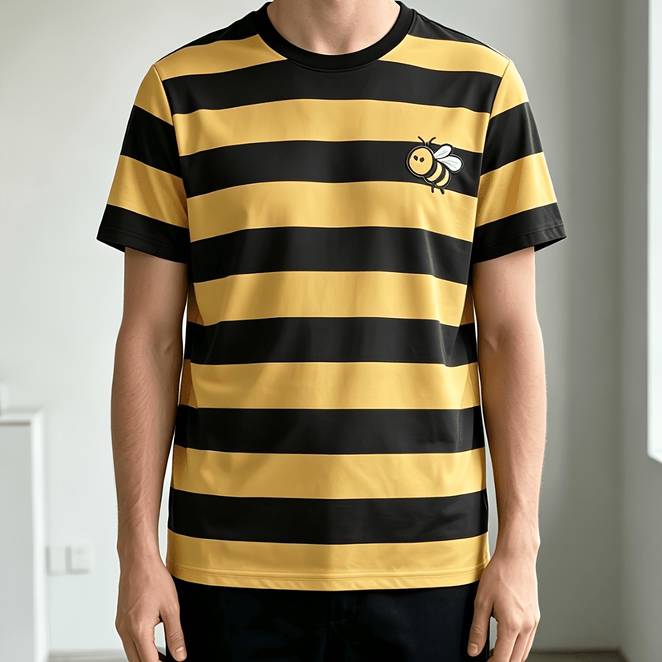 TEMU Men's Summer Round Neck Short Sleeve T-shirt, Yellow And Black Striped With , Breathable And -friendly Fabric, Versatile For Daily , Simple And