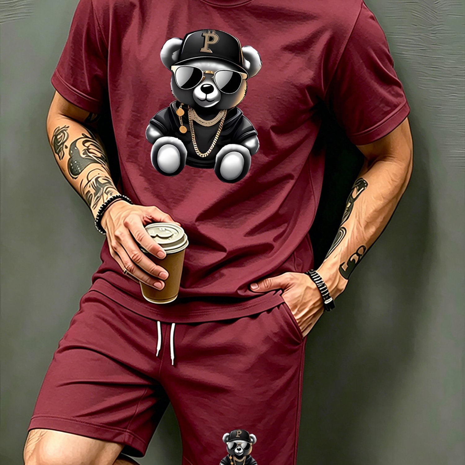 TEMU Men's Casual Sports Short Sleeve T-shirt And Shorts Set Print With Sunglasses Breathable Quick Dry Fabric Multiple Color Options Suitable For