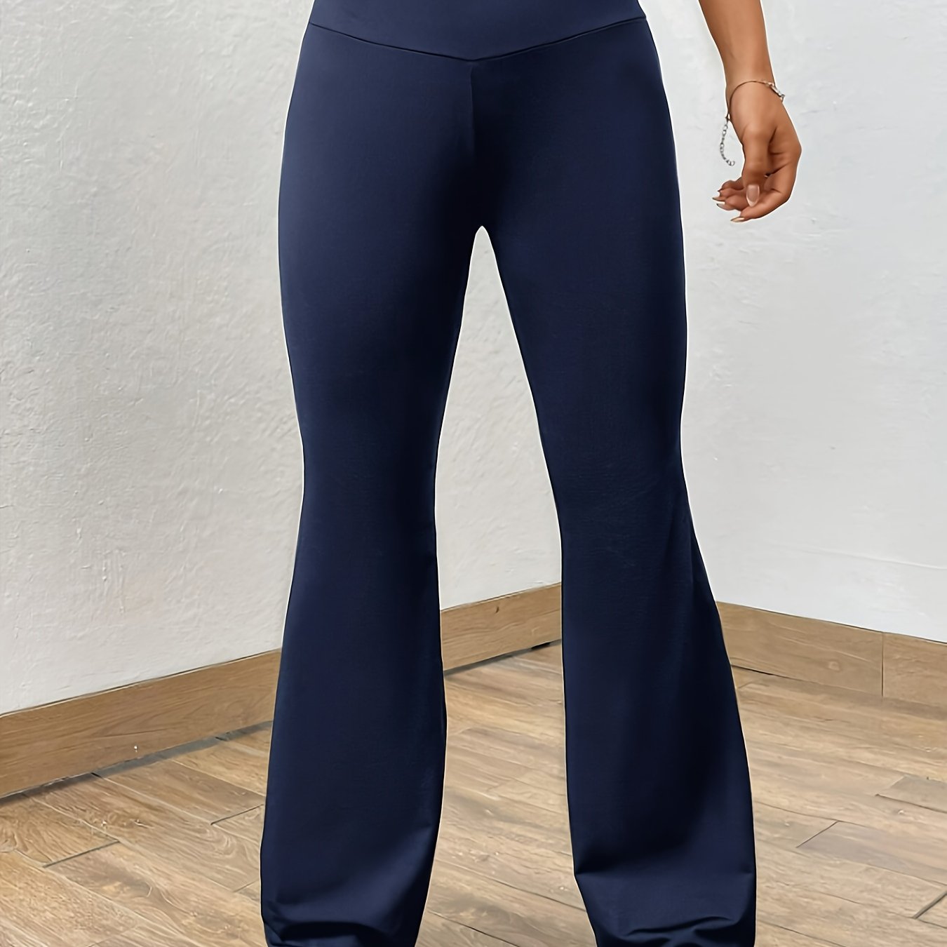 TEMU Navy Blue Solid Color Flared Pants, Casual High-waisted Taboo Pants, Suitable For Spring And Autumn, Women's Clothing
