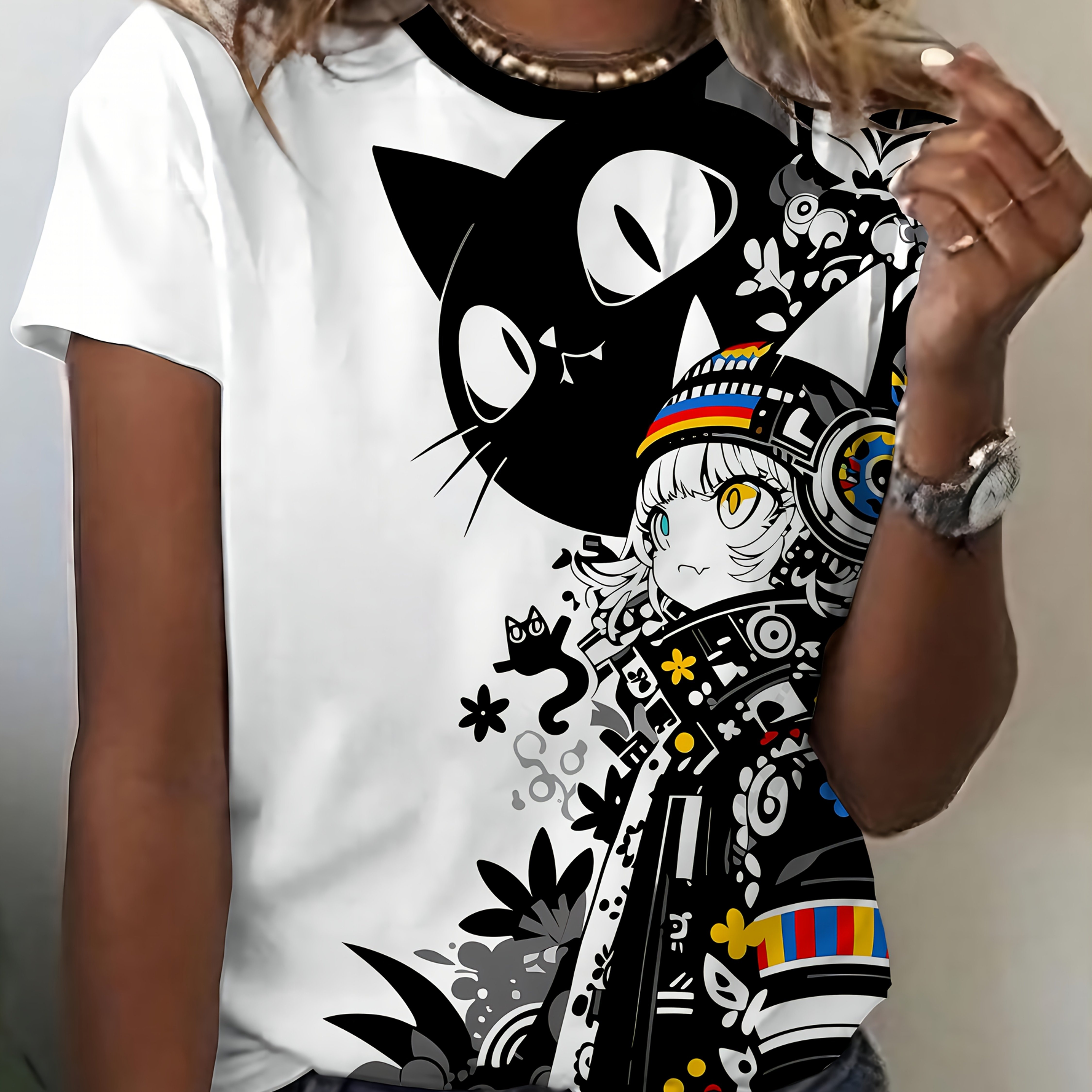 Image of Cool! Black And White Anime Cat Print Short-sleeved T-shirt, Unlock Of Individual Style, Japanese Anime Style, Women's Wear