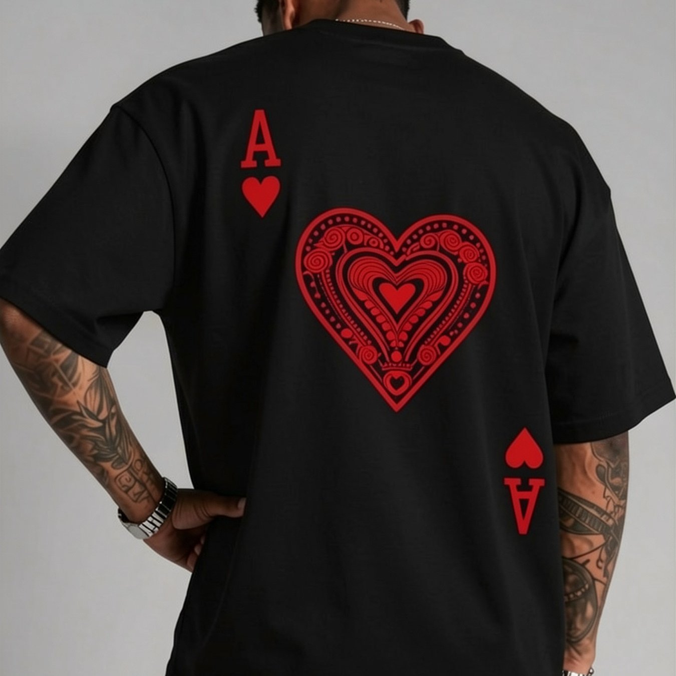 Image of Men's Ace Of Hearts T-shirt | Vintage Streetwear Top With Print, Soft Warm Comfortable Fabric, Round Neck, Casual Summer Hip Hop Style, Perfect For Parties, Iconic Card Design For Males