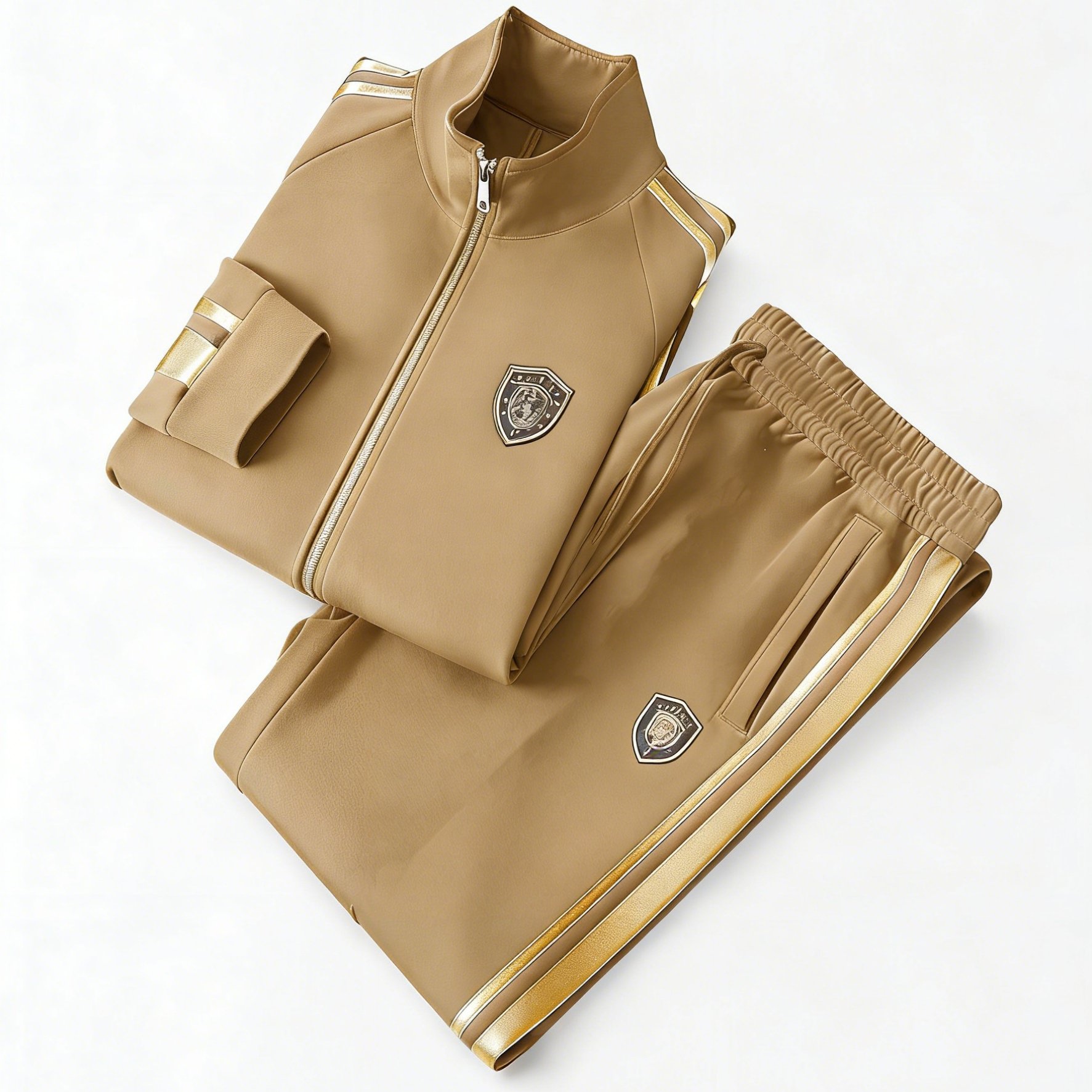 2pcs Men's Casual Sports Suit, 3d Printed Beige Golden Striped Design, Neck Zipper Jacket + Matching Sweatpants Of Color, Logo Badge Details, Comfortable Daily Casual Sports Suit, Plus Size