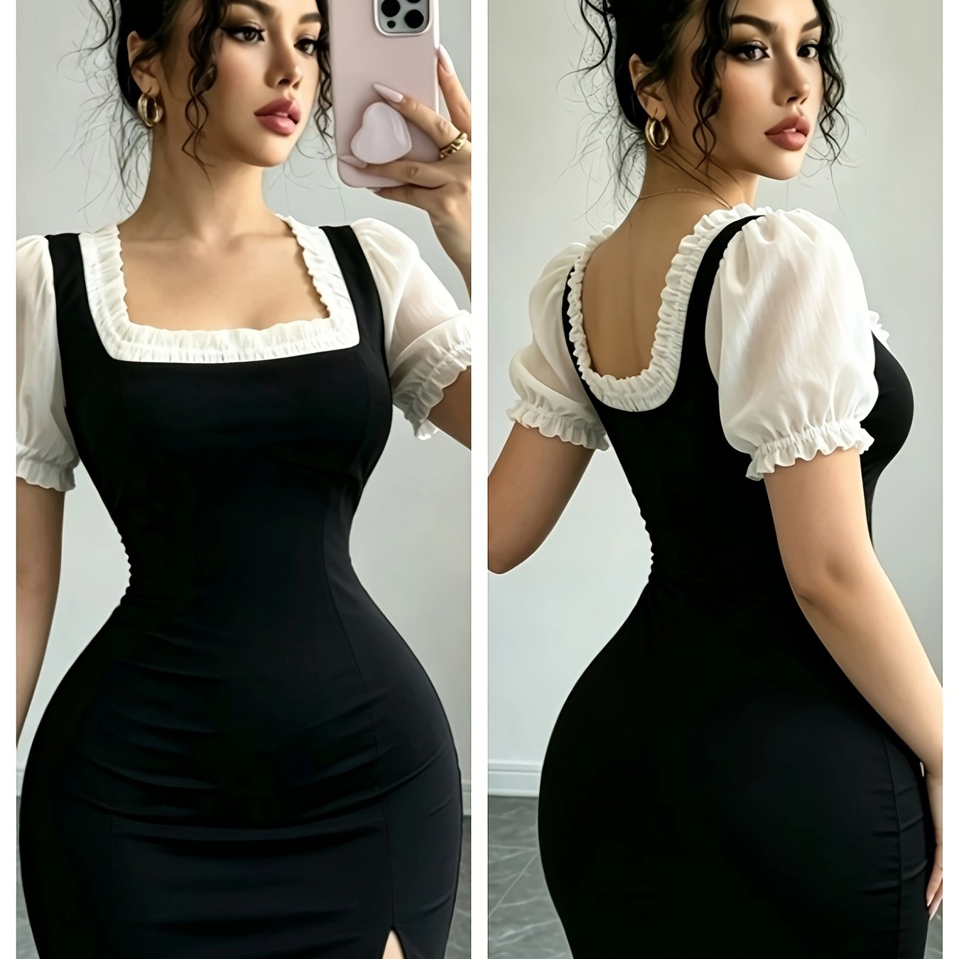 TEMU 레트로 엘레강스 블랙 앤 화이트 대비 드레스, 스퀘어넥 퍼프 슬리브 허리 집는 스타일, 밝은 연회 및 데이트에 적합