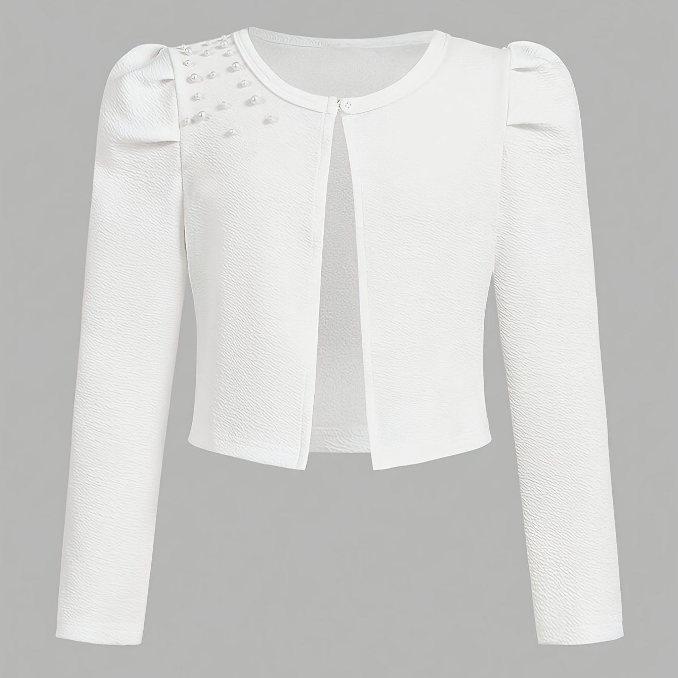 Image of Girls' Autumn/winter Casual Fashion Knit Jacket With Sleeves And 3d Pearl Embellished Shoulders, Solid Color Textured Top For Parties, , Park , Daily Wear, Gift, 7-14 Years, Back To School Essentials