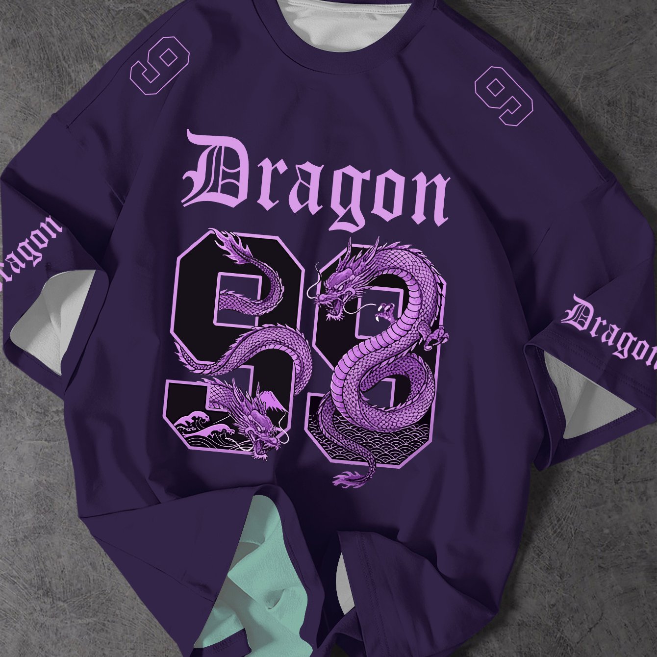 TEMU [print Design - Non-textured] 2026 Style Men's T-shirt, Street Style, Purple Dragon Wave Number 99 Print Tee, Plus Size For Casual Wear And