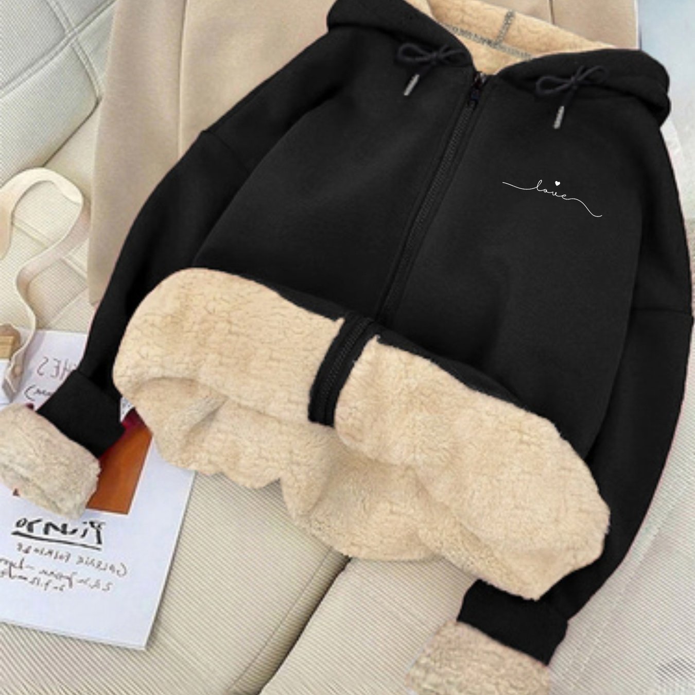 TEMU Plus Size, Autumn/winter -lined Thickened Warm Drawstring Hooded Jacket With Valentine's Day Print, Fashionable Casual Comfortable Plus Size