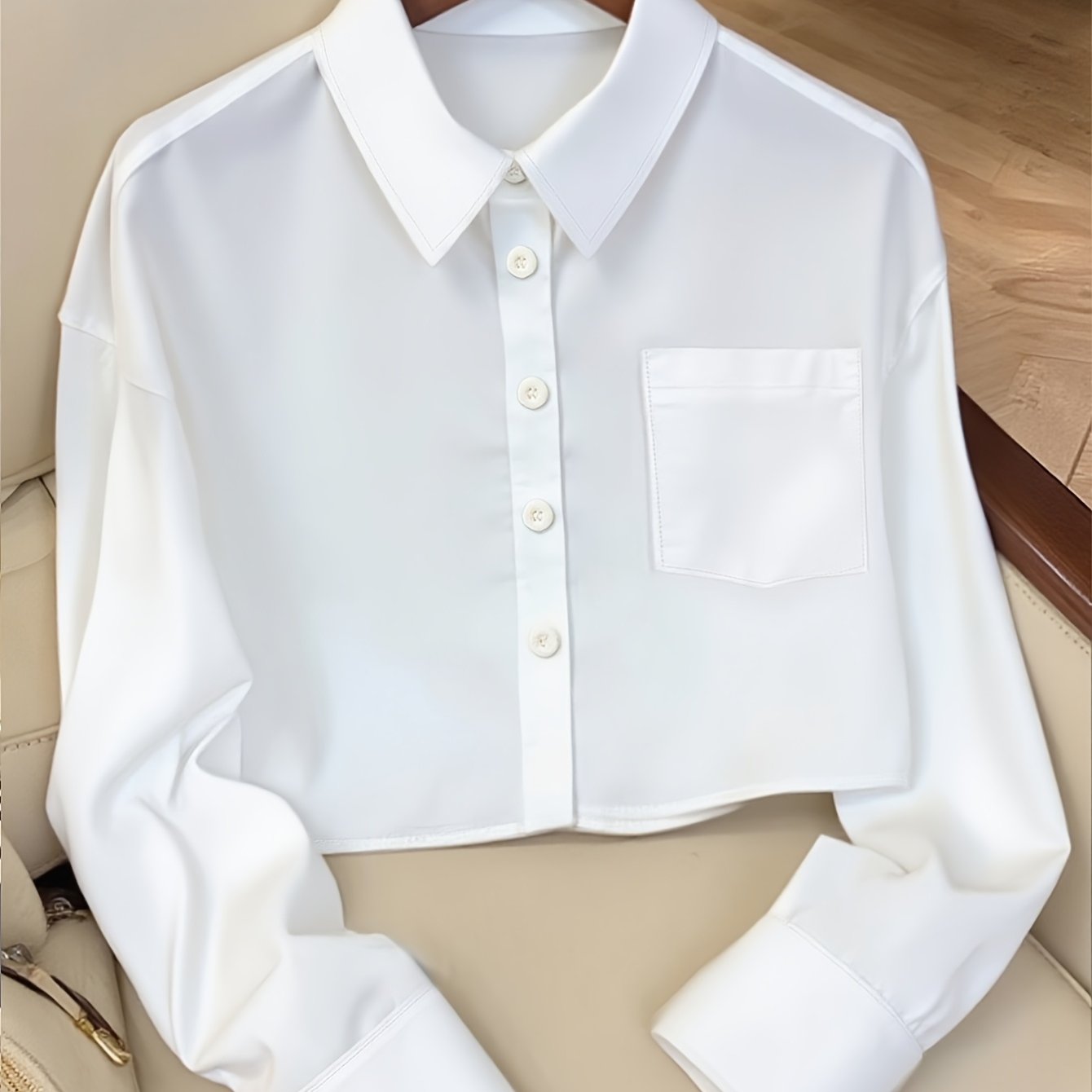 TEMU Korte, loszittende blouse voor dames, retro revers lange mouw enkelzijdige zak korte top, flatterende en, casual kleding voor op het werk, nieuw