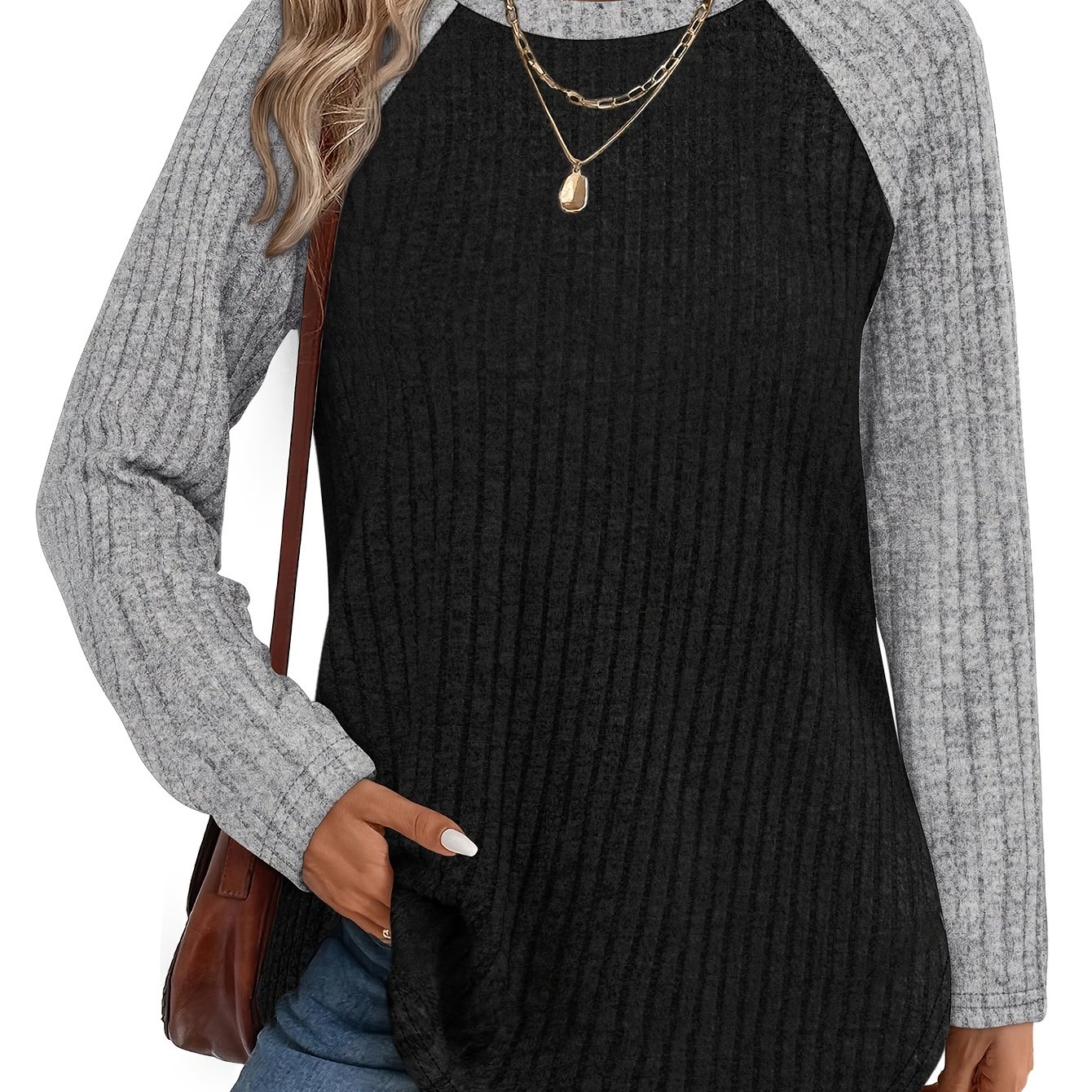 TEMU Chemise à manches longues pour femme, pull automne/hiver, haut léger décontracté à coupe , pull tendance fin à col ras du cou et color block