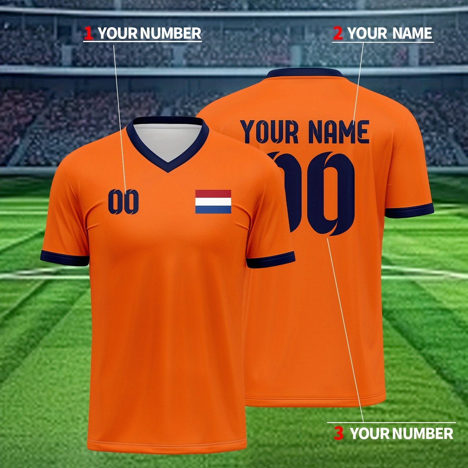 TEMU Netherlands 2026 Custom Your Own Jersey, Men's Sports Team Club Training V-neck Football Top With Name And Number Printed On Front And Back For