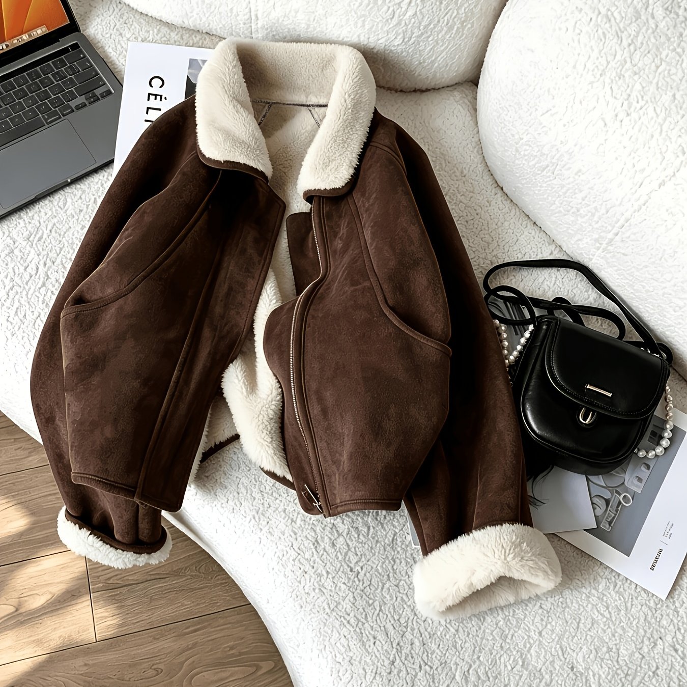 TEMU European And Vintage Faux Jacket For Women, Lapel Collar With Zipper, Large Pockets, Loose Fit, Short Length, Thickened And Warm, Autumn/winter