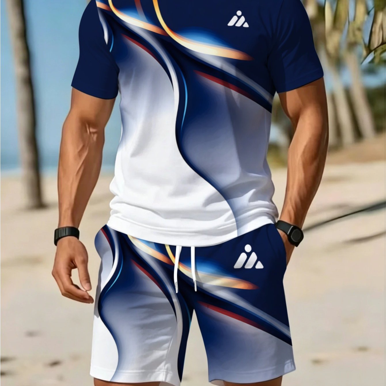 TEMU Men's -block Short Sleeve And Shorts 2pcs Set, Round Neck T-shirt And Shorts, Beach Vacation Casual Sportswear