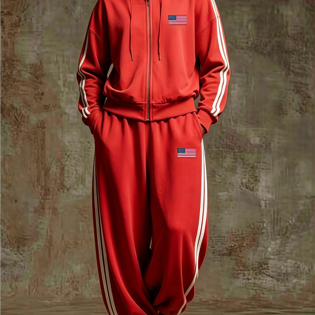 Image of Men's Oversized 2pcs Tracksuit Set Full Zip High Collar Jacket Side Striped Baggy Jogger Pants Usa Flag Athletic Streetwear Sweatsuit Matching Outfit