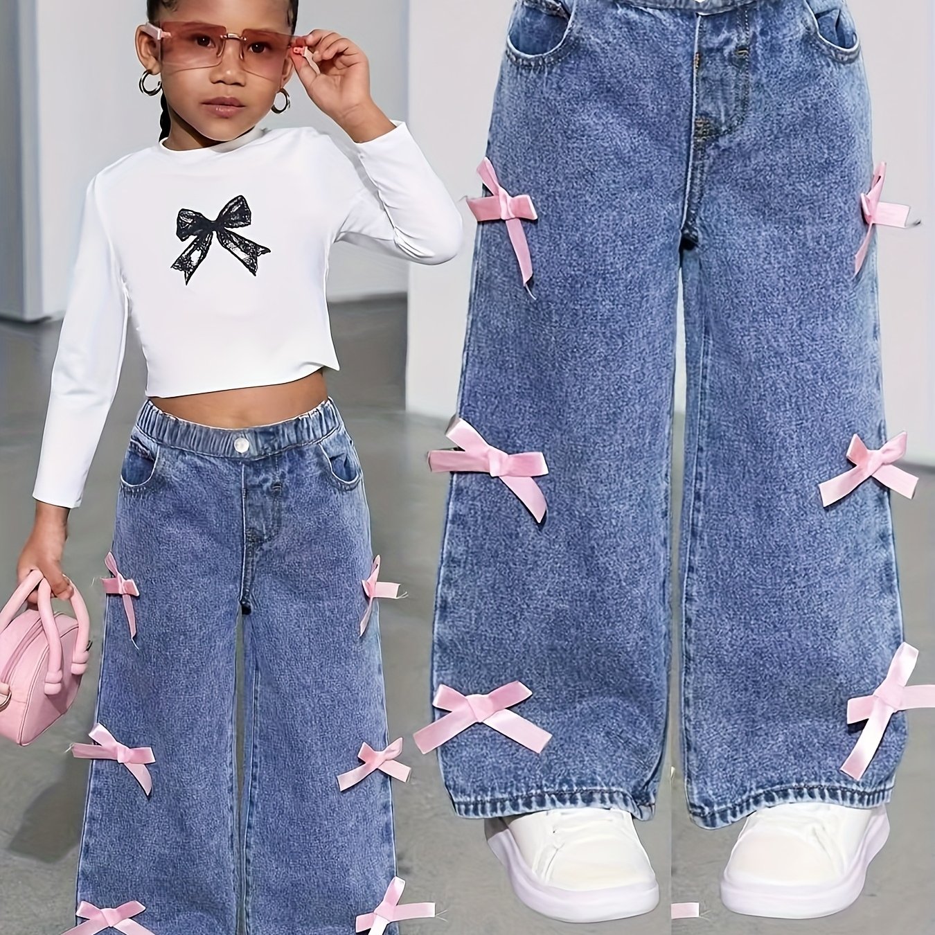 Image of Girls' Trendy Wide-leg Denim, Handmade Bow Denim Pants, Comfortable Fabric With Elastic Waist For Autumn Winter , Long Trousers For , Outdoor Street Skate And Roller Skating Fashion Pants