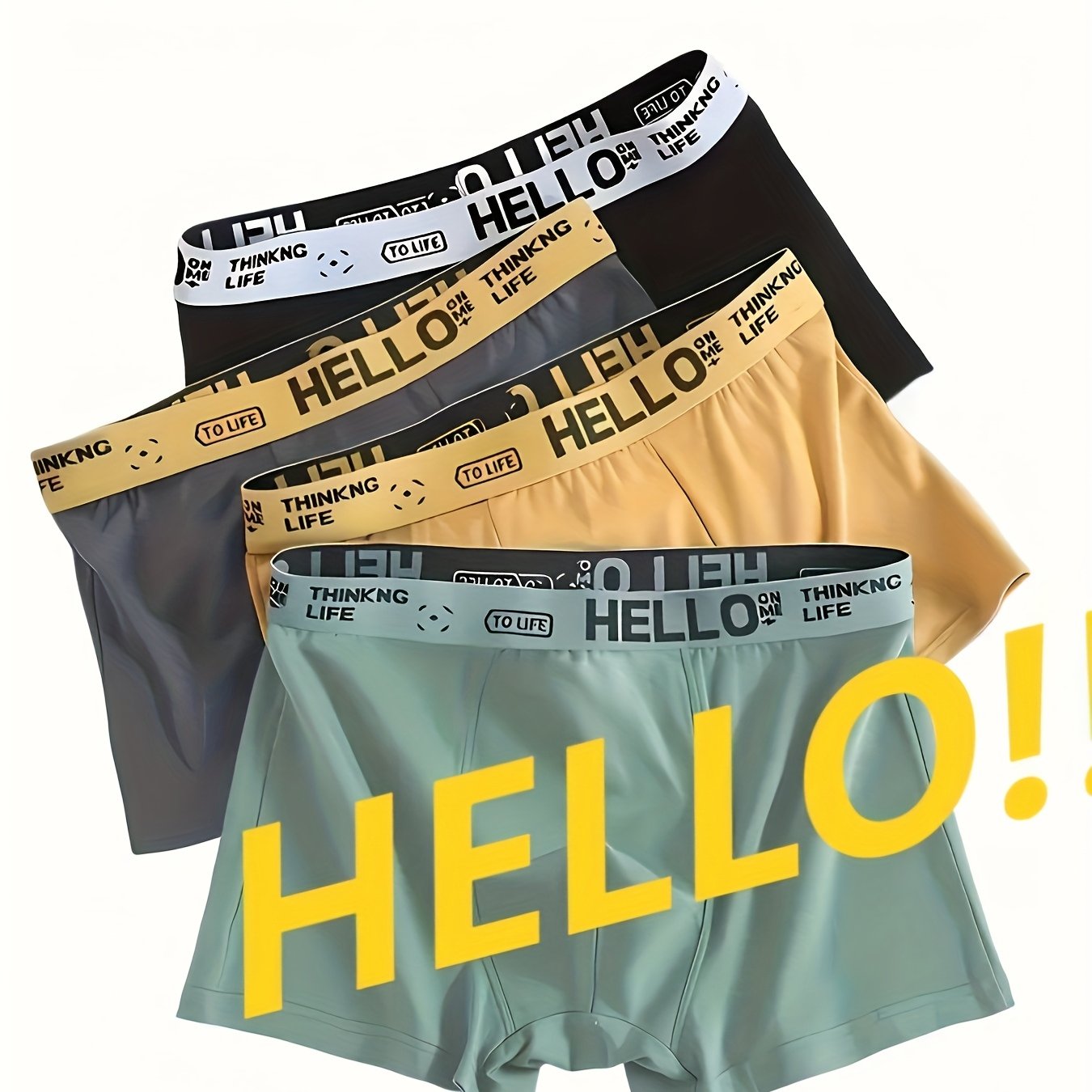 TEMU 4pcs Set Of Colored Hello Pattern Men&;s Straight-leg Underwear - Breathable Elastic Summer Underwear, Made Of Polyester Fiber, Suitable For
