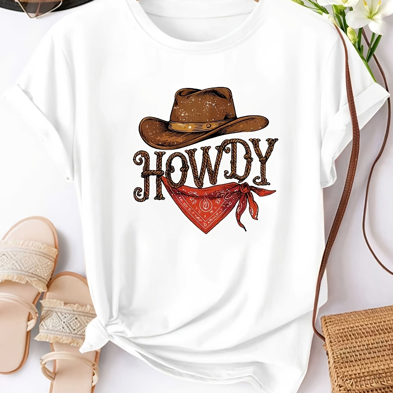 TEMU Plus Size, Women's Plus-size Howdy Western Cowboy T-shirt - Vintage Bandana & Cowboy Hat Print Short-sleeve Crew Neck Top, Soft Blouse-fit
