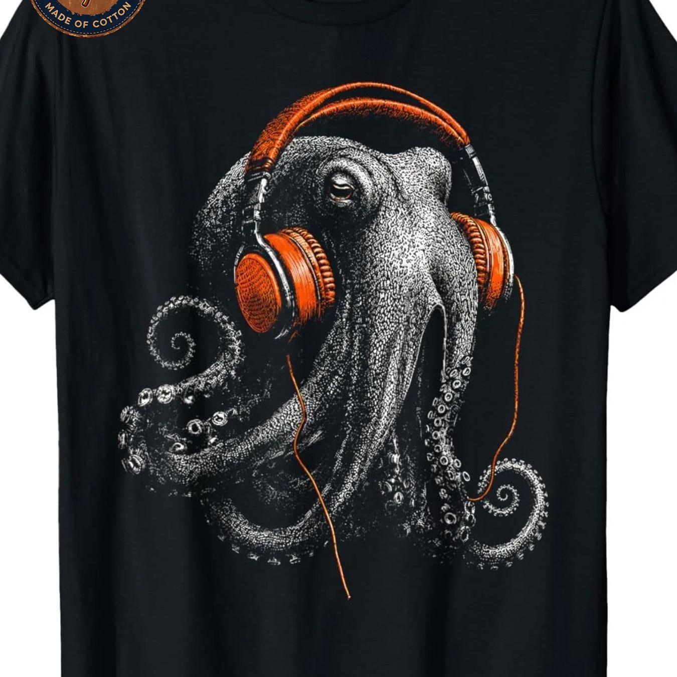 Image of Men's T-shirt Groovy Octopus Wearing Headphones Retro Ocean Print T Shirt Unisex Casual Cotton Breathable Soft Streetwear Summer Casual Attire Outdoor Printed Sided Fit Concert Gift Neck Round