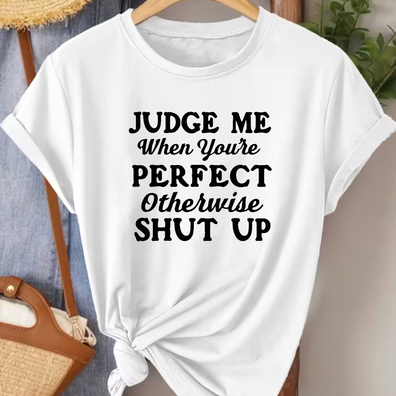 TEMU Women's " When You're Perfect Shut Up" Sassy T-shirt - Statement Round Neck Short Sleeve Casual Top With Lettering, Machine Washable Non- Blouse