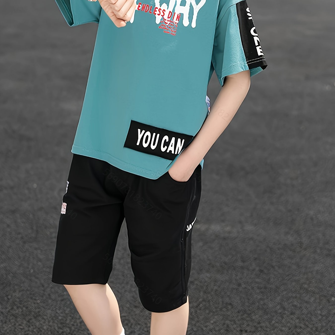 Image of Boys' 2pcs Set: Short Sleeve T-shirt And Shorts With Letter Print For Medium To Large Sizes, Perfect For Outdoor