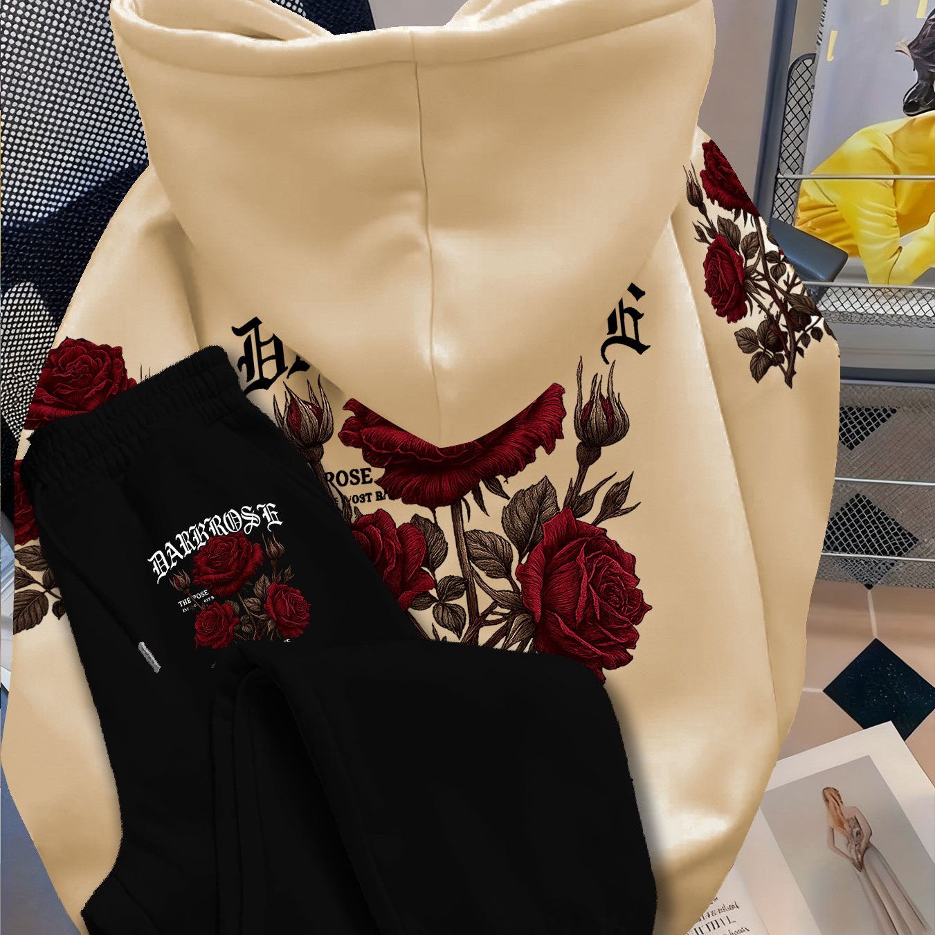 TEMU Top And Pants Casual Fashion Outfit Rose Print Hooded Sweatshirt Set Print, Suitable For Outdoor Travel Fitness