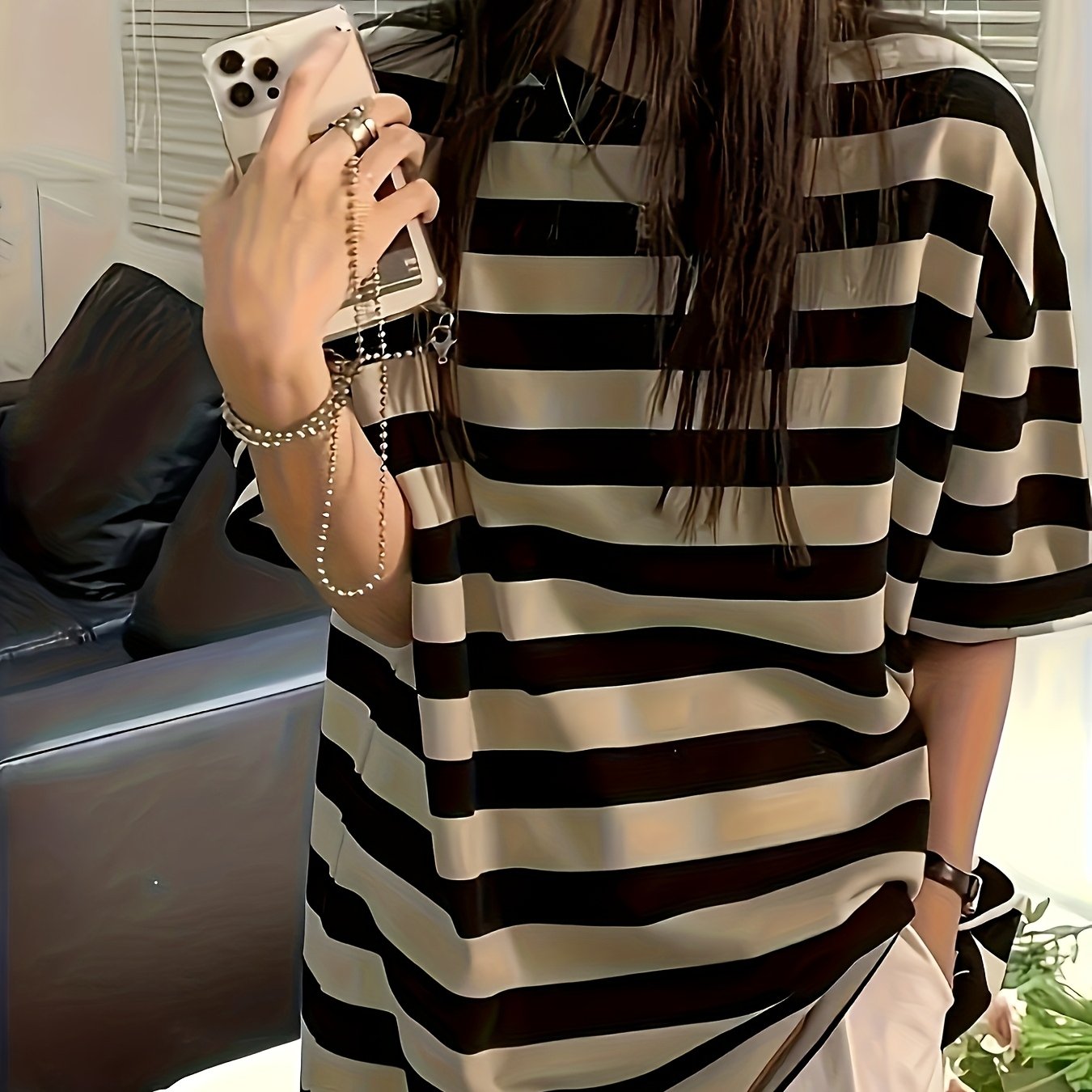 Summer Tee Casual Striped T-shirt - Loose Fit, Half Sleeve, Crew Neck, Fabric