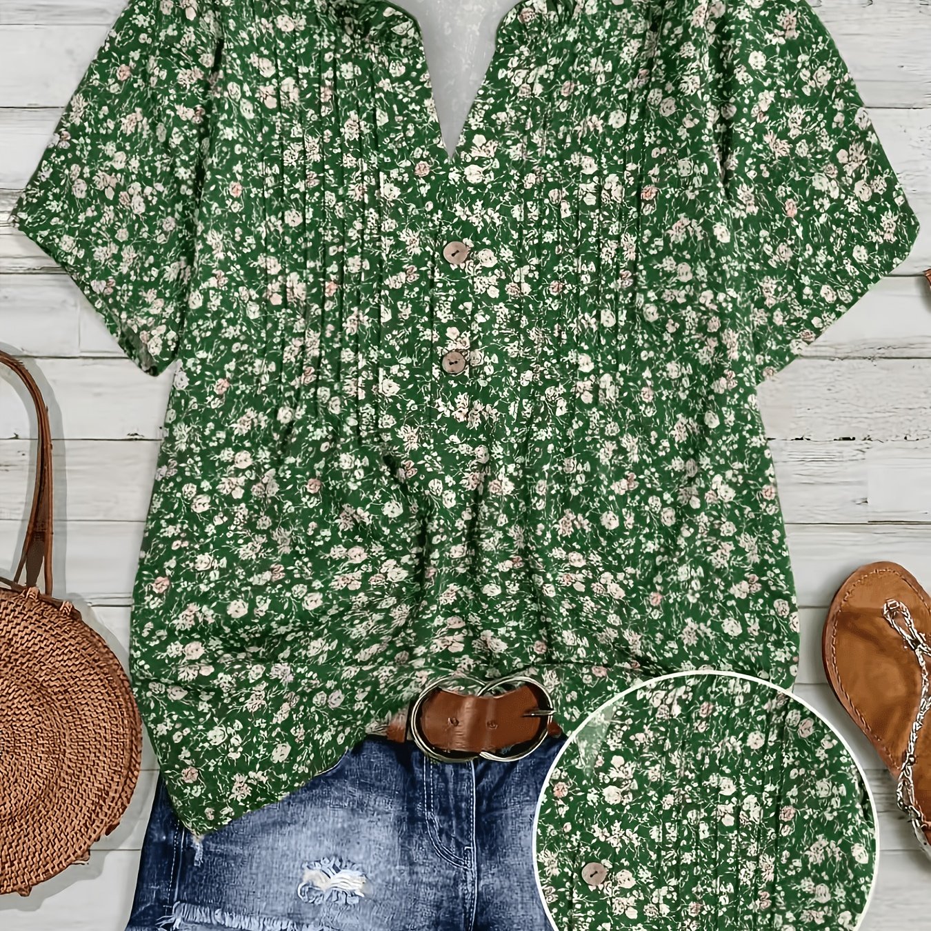 TEMU Women’s Floral Print Short Sleeve Wave-front Casual Vacation Shirt