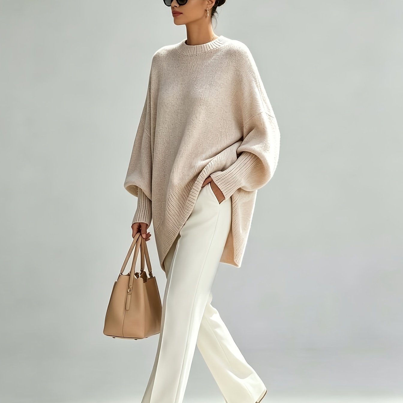 TEMU Haut à silhouette décontractée de style français, pull à manches lanternes et ourlet incliné irrégulier, coupe douce et , style décontracté