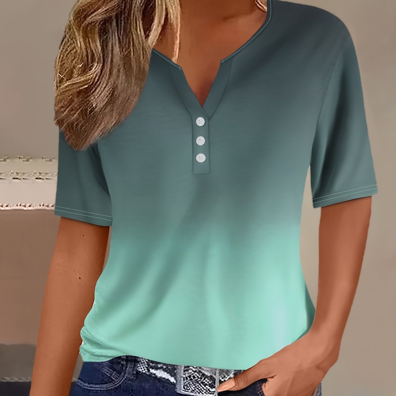Targeted Development Casual Fashion Dressy Button- Gradient Short Sleeve V-neck Women's T-shirt