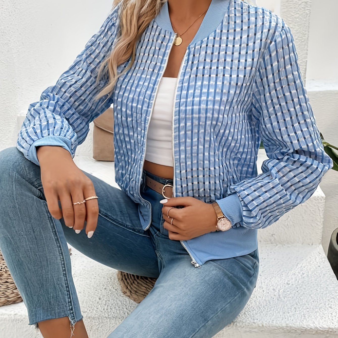 TEMU Chaqueta versátil con estampado de cuadros y cremallera, chaqueta casual de larga para y otoño, ropa de mujer