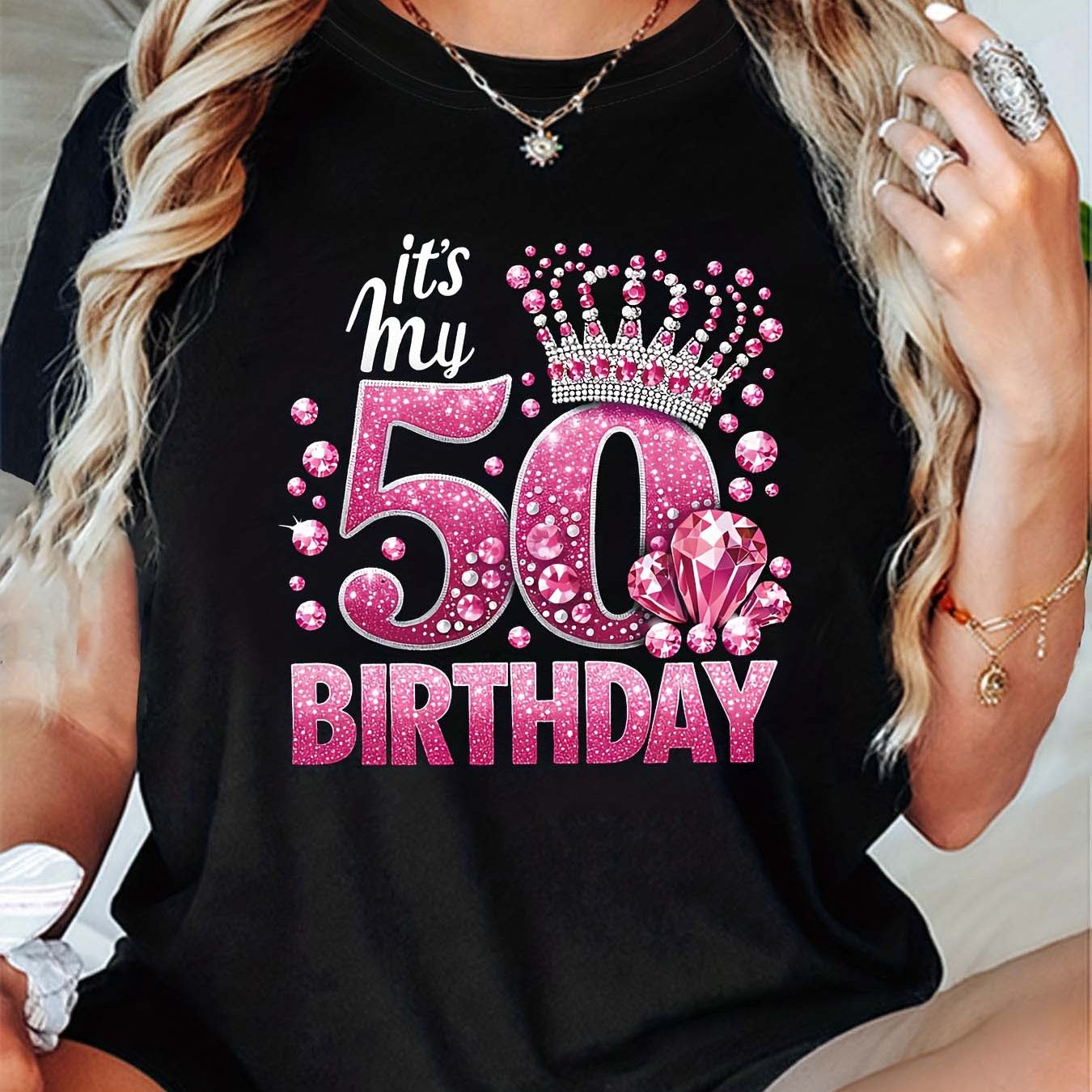 TEMU 50th Birthday Crown Non-sequin Gem Print Plus Size Short Sleeve T-shirt Women's Big Size Comfy Chic Top Curvy 50 Year Old Celebration Casual