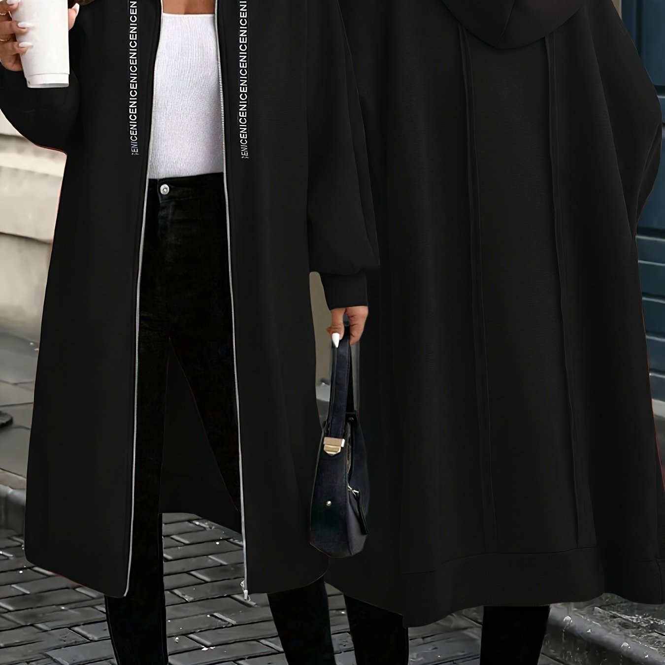 Image of Plus Size - Plus Size - Long-sleeve Zip-up Hooded Coat For Plus-size Women In Solid Color For Autumn And Winter